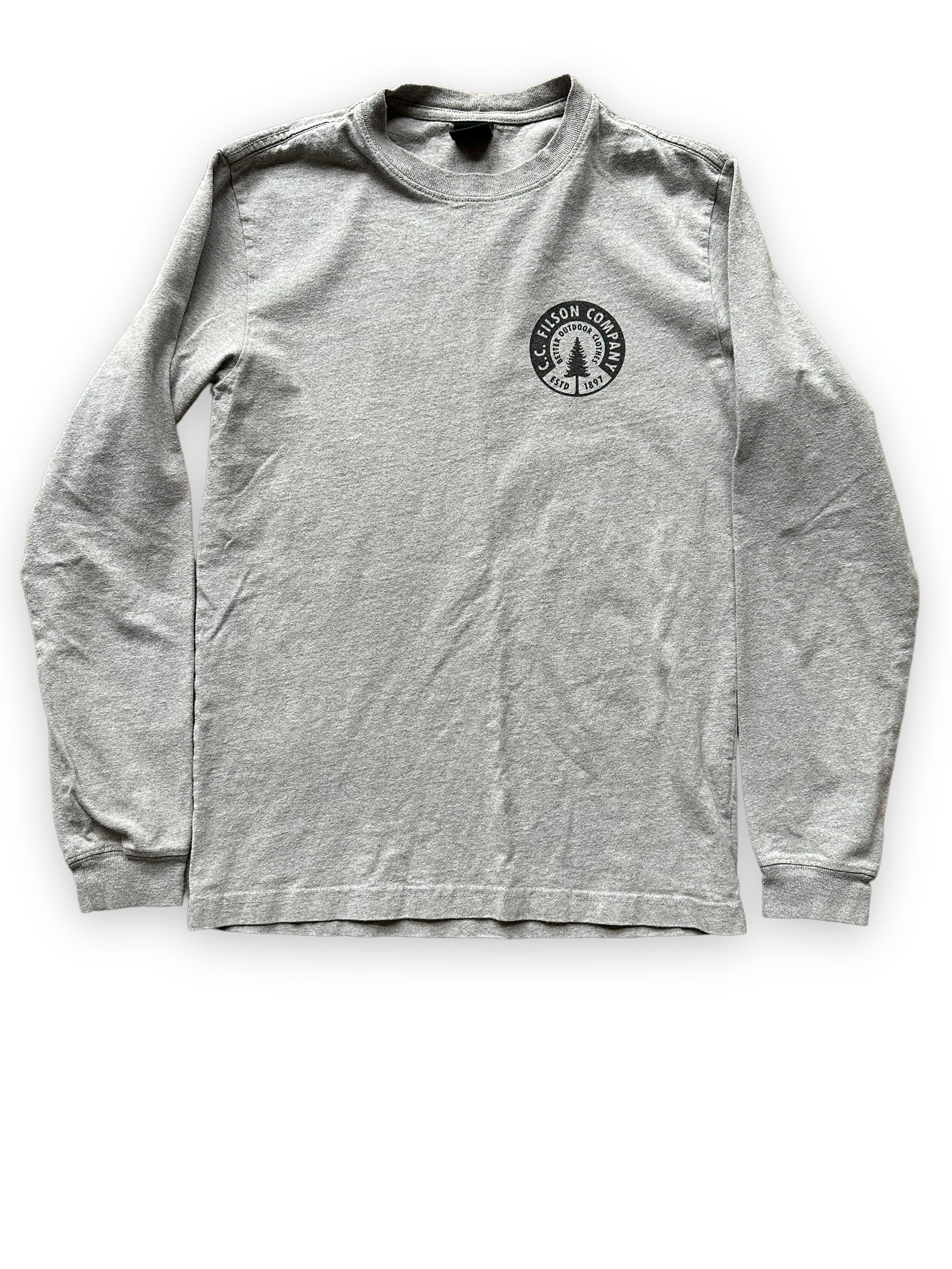 Front View of Filson Long Sleeve Heather Grey Tee SZ XS  |  Barn Owl Vintage Goods | Filson Graphic Tees Seattle
