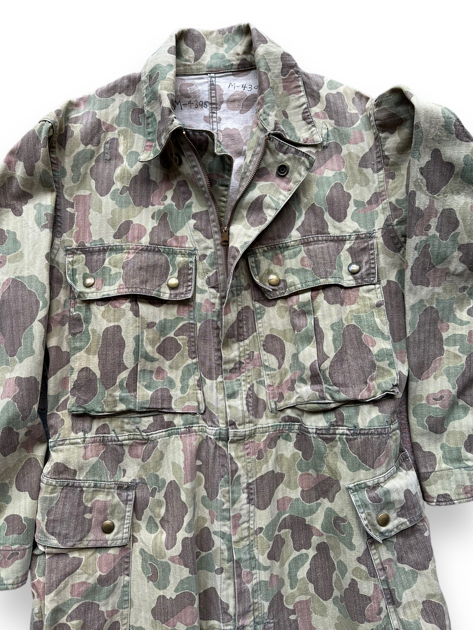 Upper Front View of Vintage M-4395 HBT Frogskin Camo Coveralls SZ M | Vintage Frog Skin Camo Pants Seattle | Barn Owl Vintage Workwear