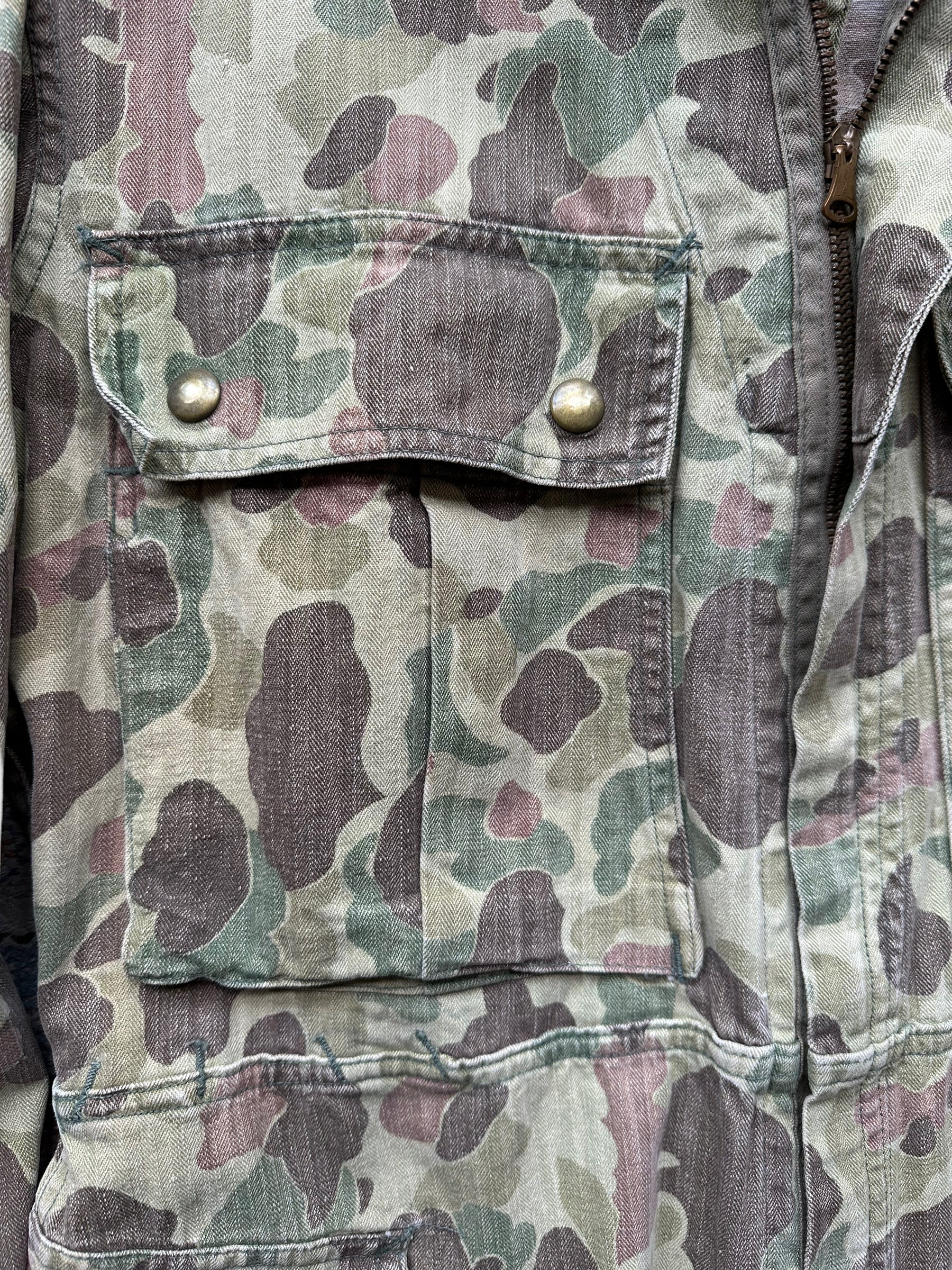 Front Upper Right Pocket View of Vintage M-4395 HBT Frogskin Camo Coveralls SZ M | Vintage Frog Skin Camo Pants Seattle | Barn Owl Vintage Workwear