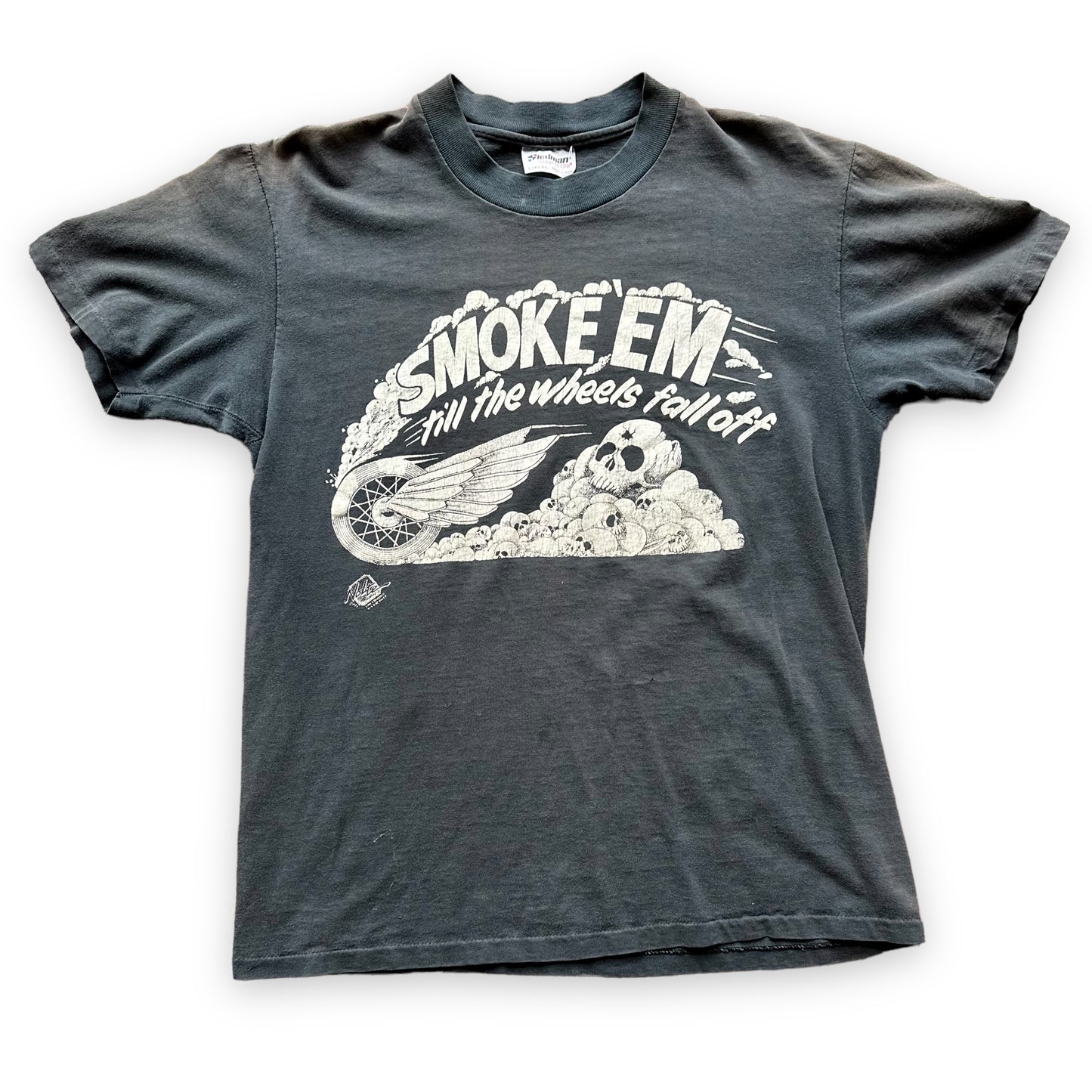 Front View of Vintage 1981 Smoke Em Til The Wheels Fall Off Harley Davidson TShirt SZ L | Vintage Harley Tee | Barn Owl Vintage Seattle