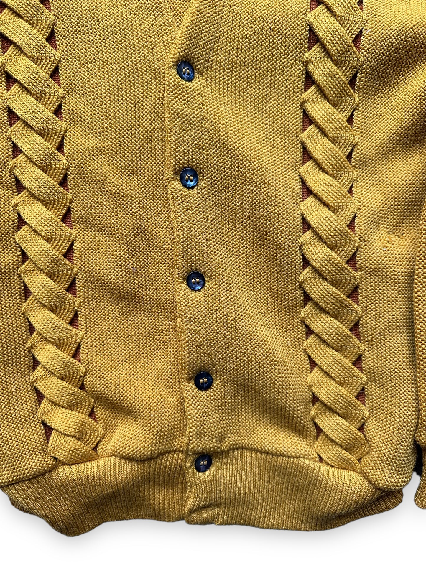 Lower Flat Front View of Vintage Seattle Knitting Mills Golden Double Helix Wool Sweater SZ M | Vintage Cardigan Sweaters Seattle | Barn Owl Vintage Seattle