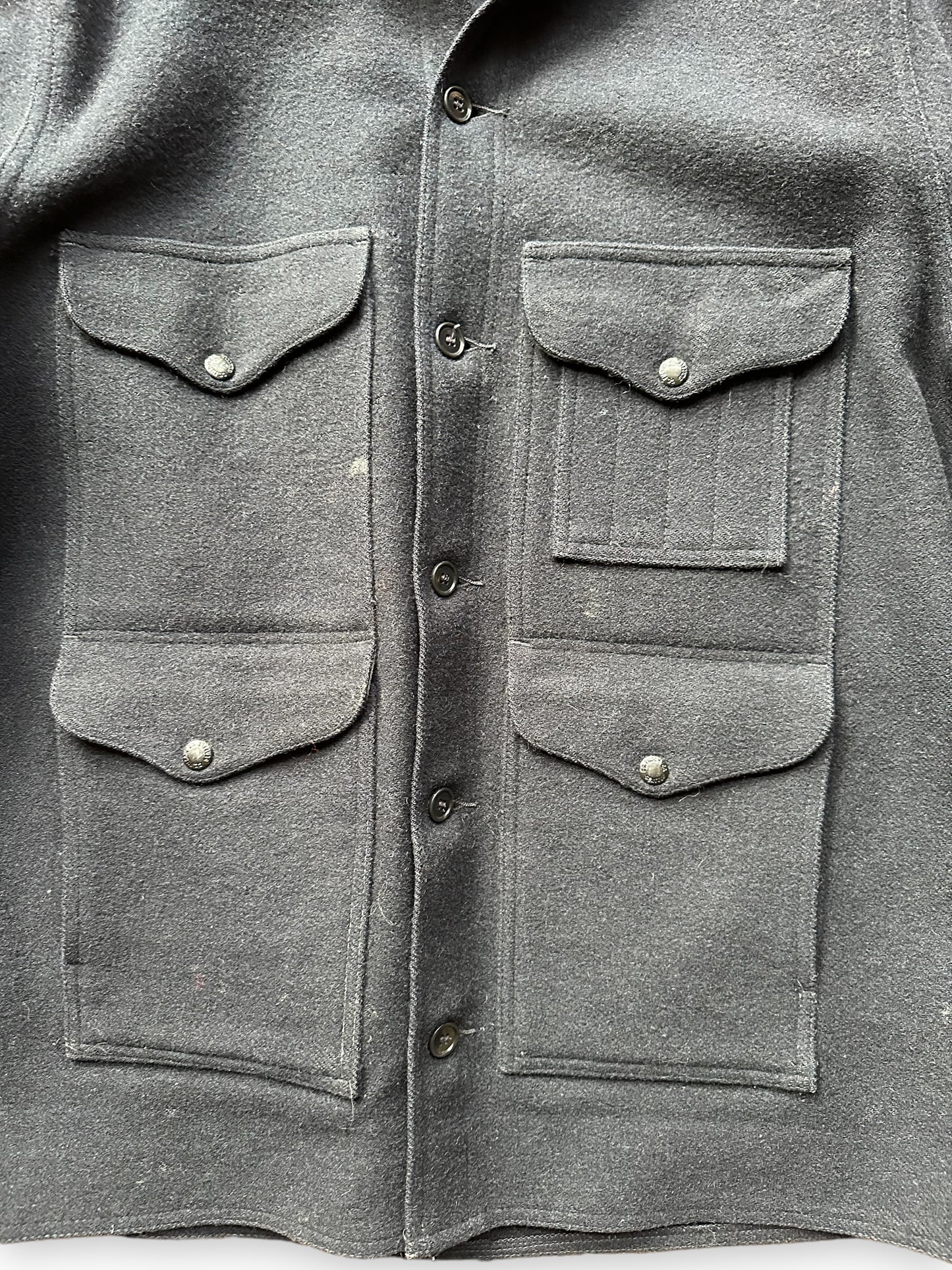 Close Up Front Pocket Detail on Black Filson Mackinaw Cruiser SZ 48 | Barn Owl Vintage Goods | Vintage Workwear Seattle