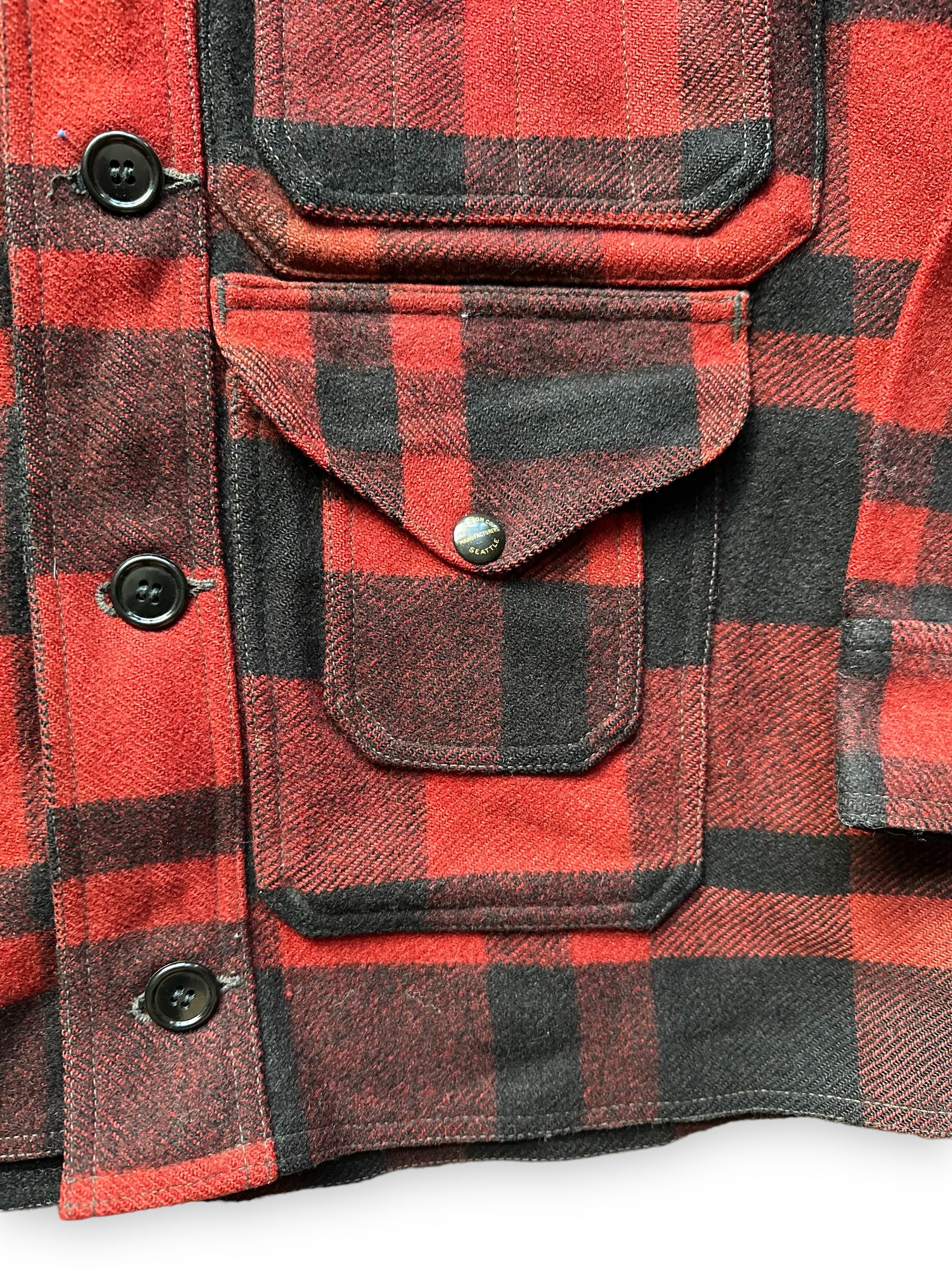 Lower Right Compass Pocket on Vintage 1930s Era FilClo Filson Mackinaw Cruiser |  FilClo Vintage Workwear | Barn Owl Vintage Seattle