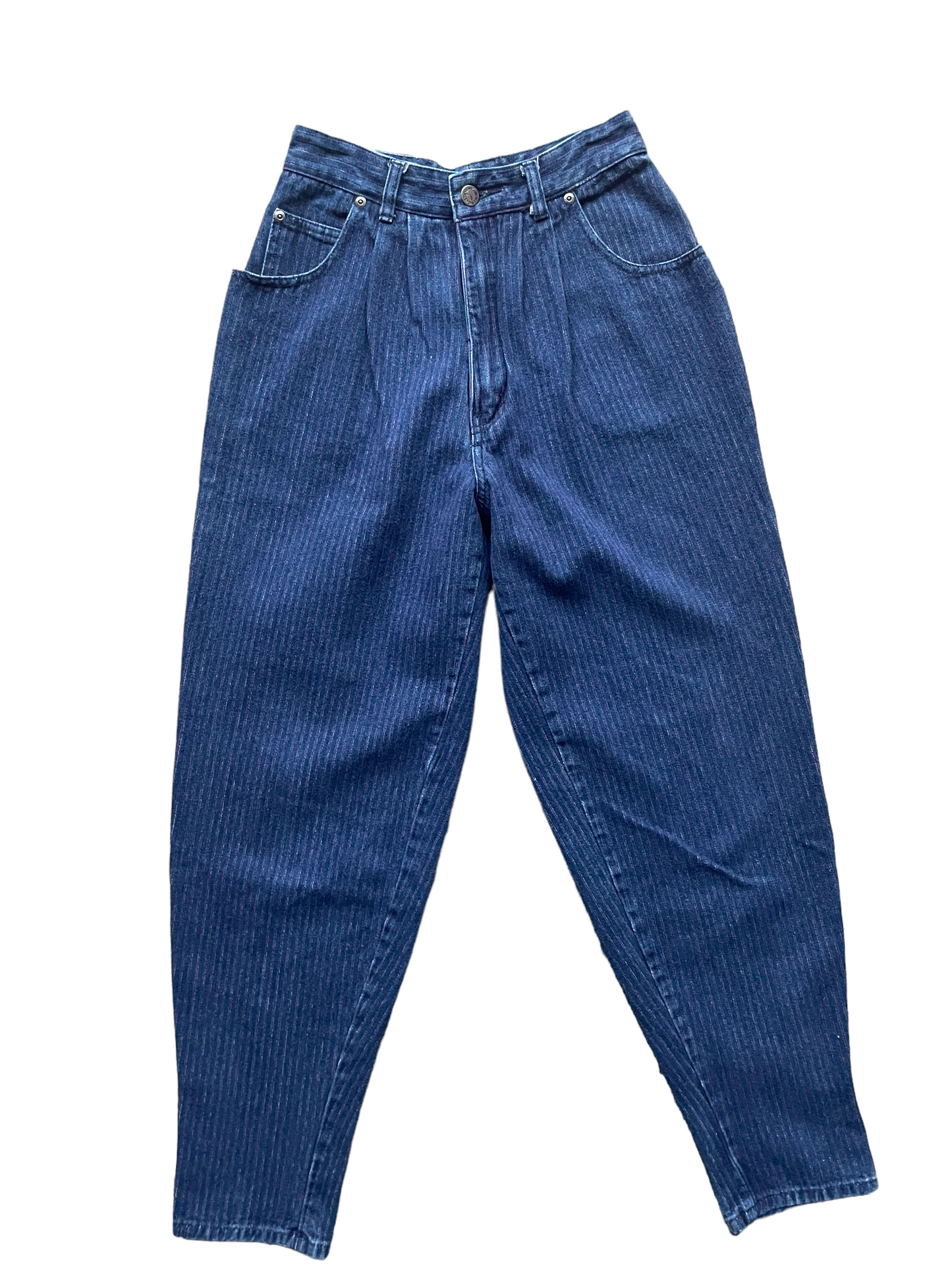Full front view of Vintage 1980s Ladies Purple Pinstripe Jordache Jeans | Barn Owl Seattle | Vintage Ladies Jeans and Denim