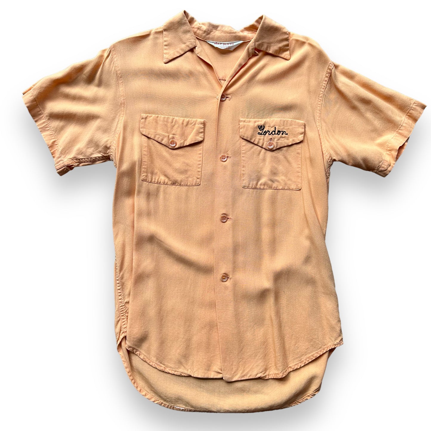 Front View of Vintage Nat Nast Peach Colored Chainstitched Bowling Shirt SZ M | Vintage Bowling Shirt Seattle | Barn Owl Vintage Seattle