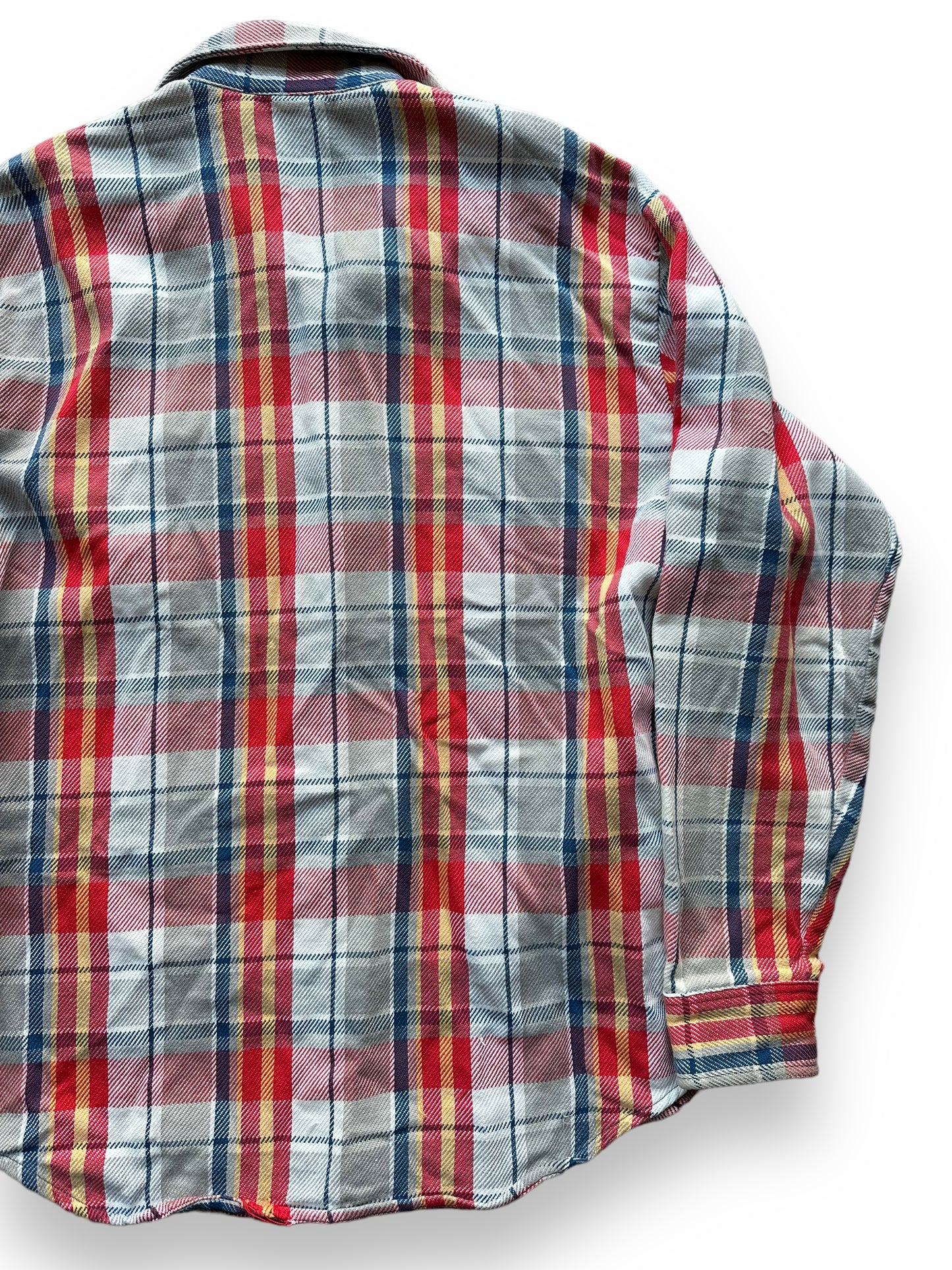 Right Rear View of Vintage Grey, Red, Yellow & Blue Big Mac Cotton Flannel SZ L Tall | Vintage Cotton Flannel Seattle | Barn Owl Vintage Seattle