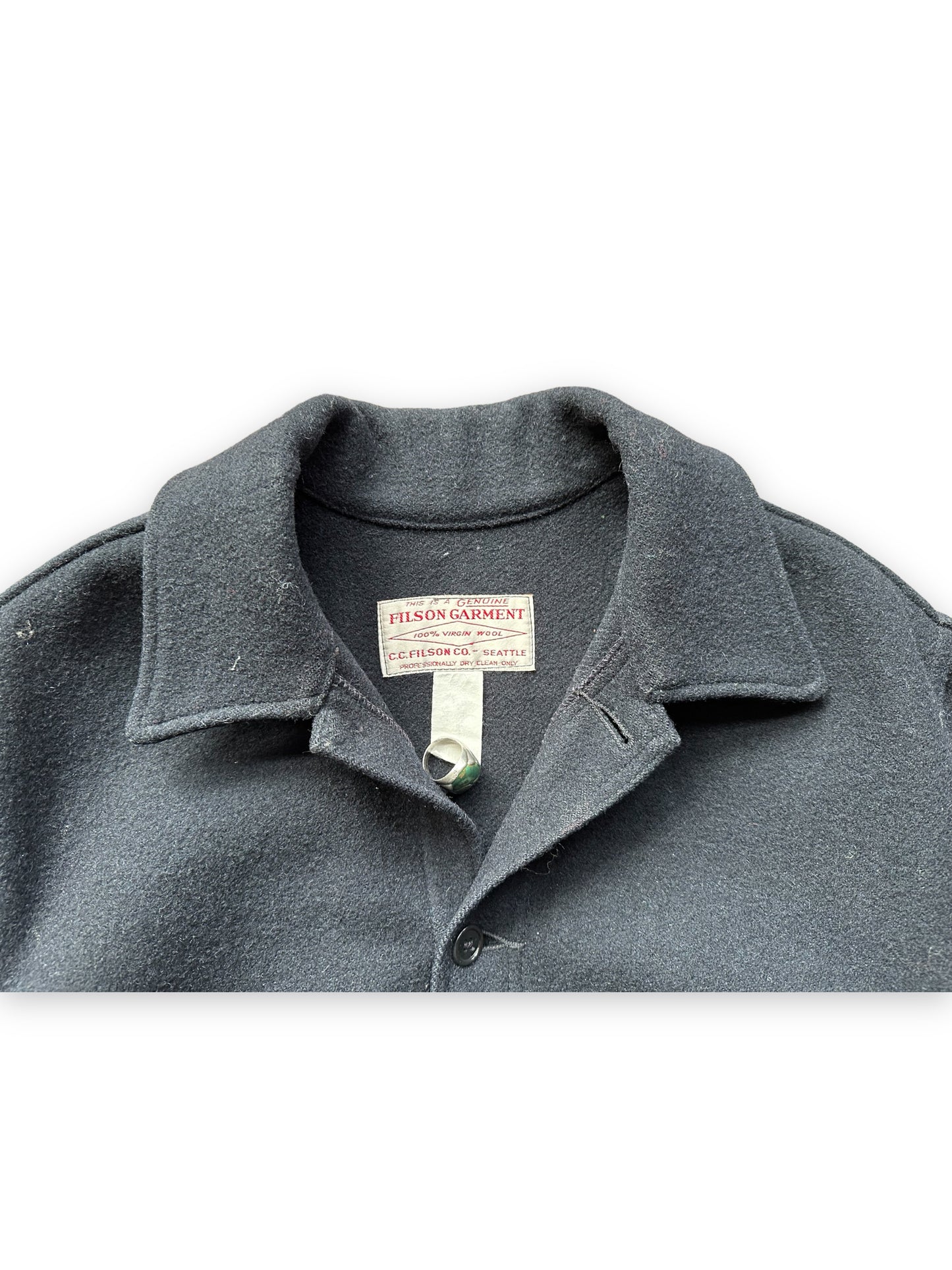 Tag View of Black Filson Mackinaw Cruiser SZ 48 | Barn Owl Vintage Goods | Vintage Workwear Seattle