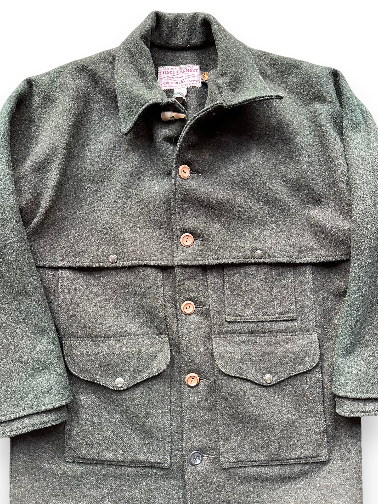 Front Close Up of Vintage Filson Forest Green Double Mackinaw Cruiser SZ 46 XL | Barn Owl Vintage Goods | Vintage Workwear Seattle