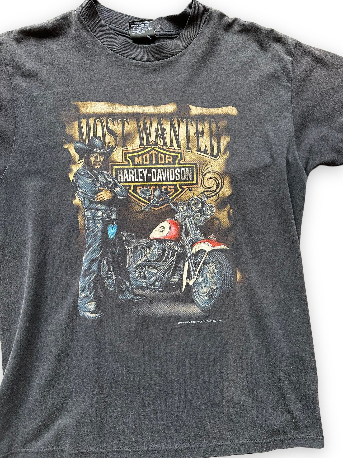 Graphic Detail on Vintage 1992 Harley Davidson Most Wanted 3D Emblem Tee SZ L | Vintage Bayou Rider Harley Tee Seattle | Barn Owl Vintage Seattle