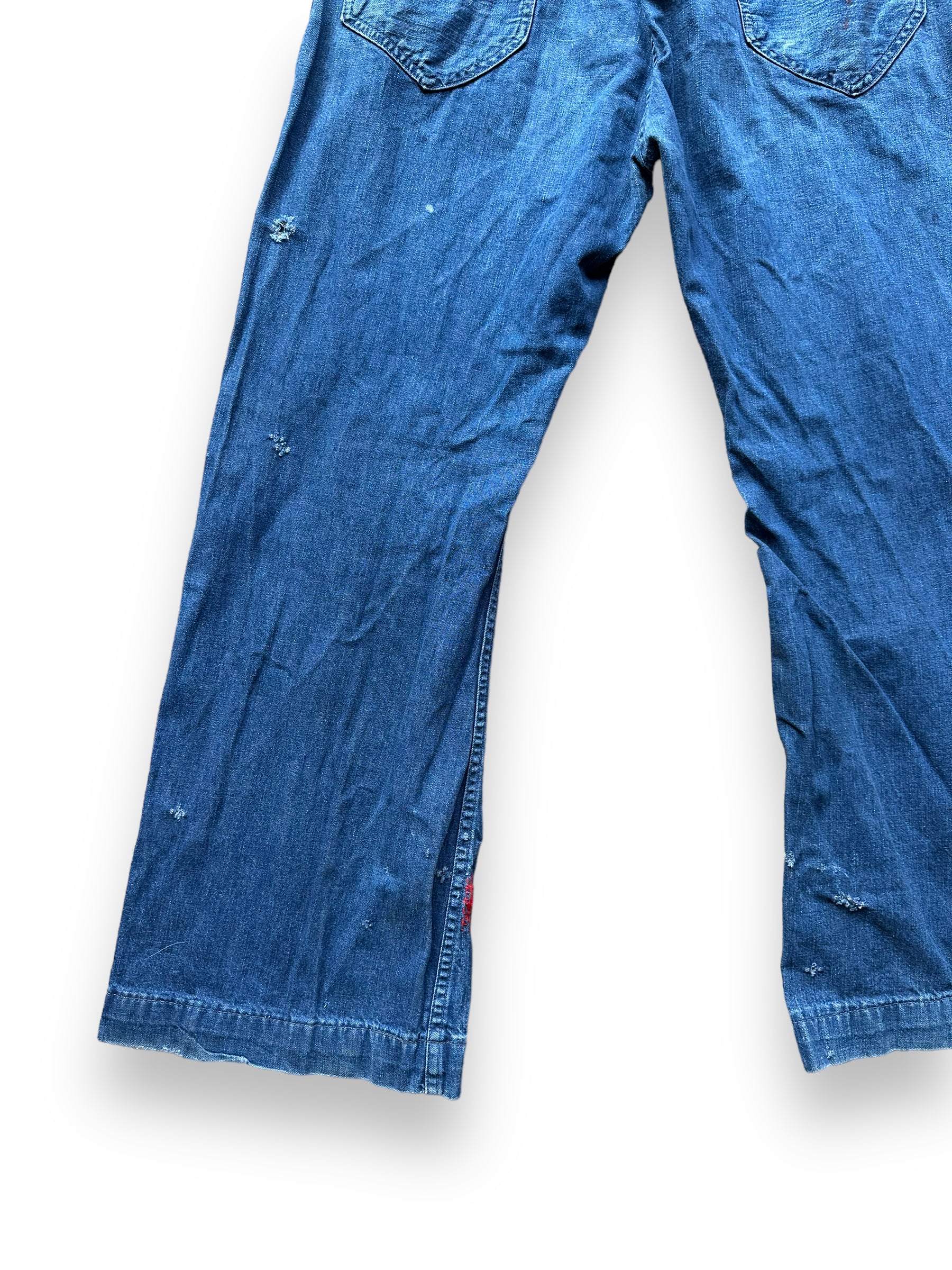 Lower Rear Left View of Vintage 70s Era Sailor Denim with Repairs W36 | Vintage Denim Swabbie Pants Seattle | Barn Owl Vintage Workwear