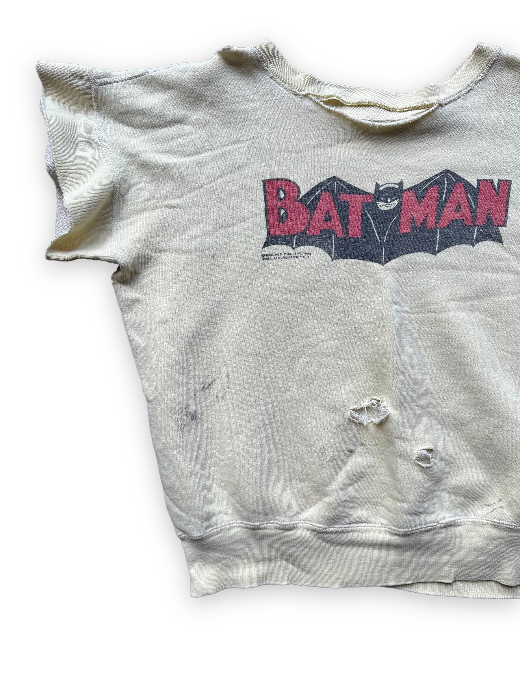 Front Right View of Vintage 1960s Yellow Batman Sweatshirt SZ M | Vintage Crewneck Sweatshirts Seattle | Barn Owl Vintage Seattle