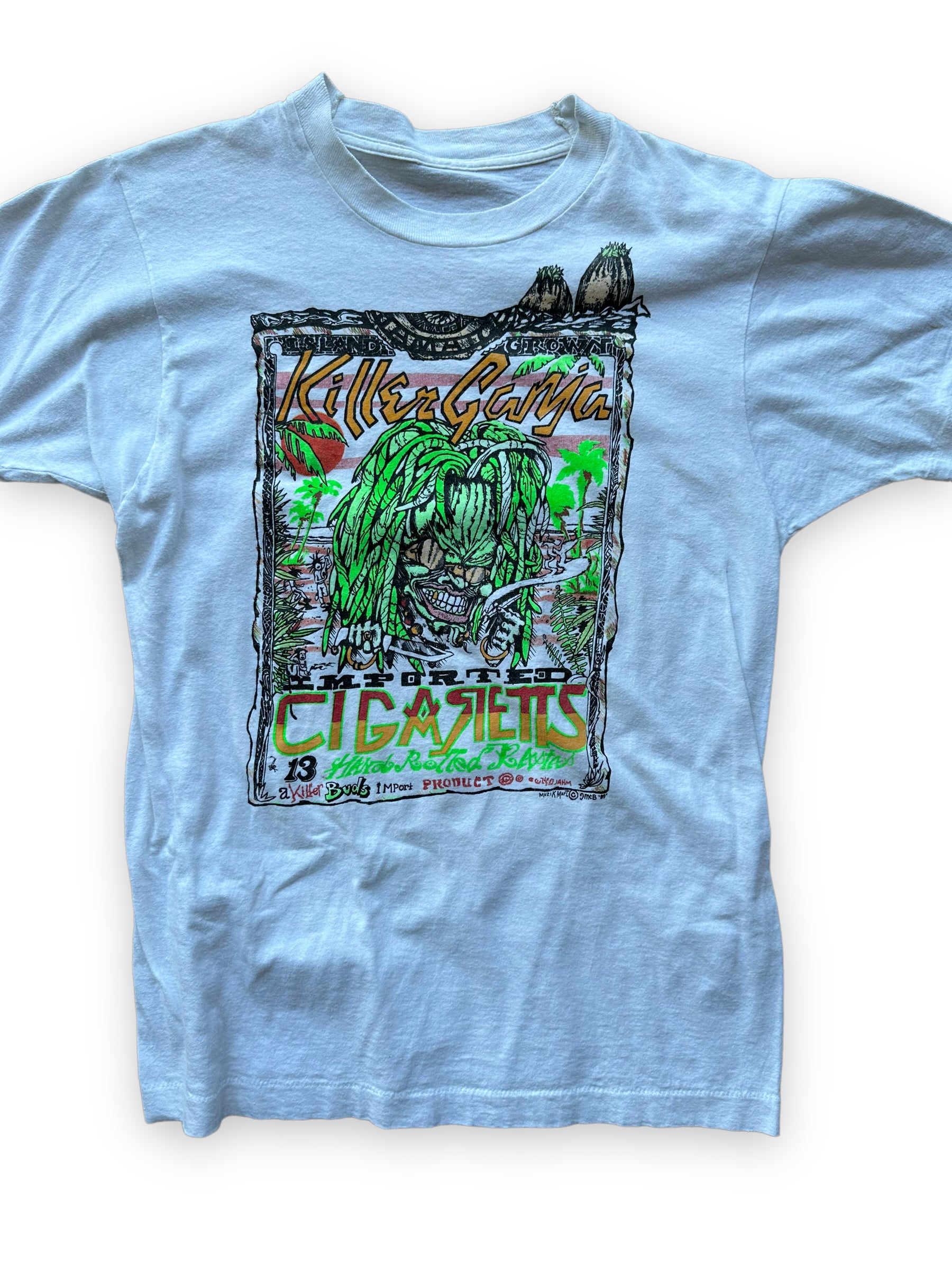 Front Detail on Vintage 1980's Killer Ganja Imported Cigarettes Tee SZ L | Seattle Vintage Ganja Tees | Barn Owl Vintage