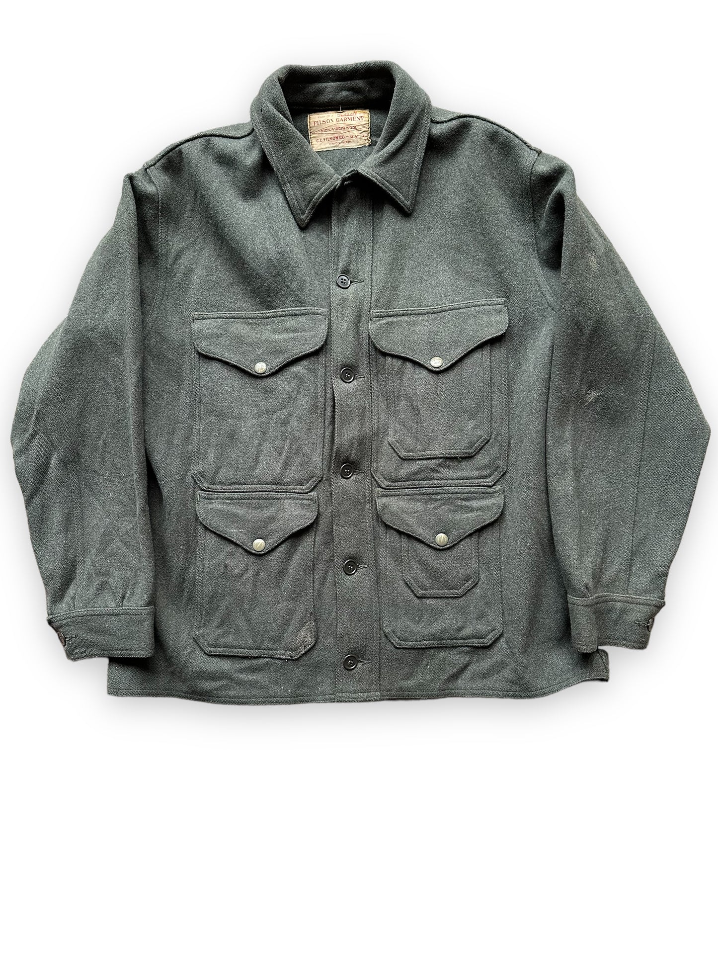 Front View Vintage Filson Union Made Era Forest Green Mackinaw Cruiser SZ 46 | Barn Owl Vintage Goods | Vintage Workwear Seattle