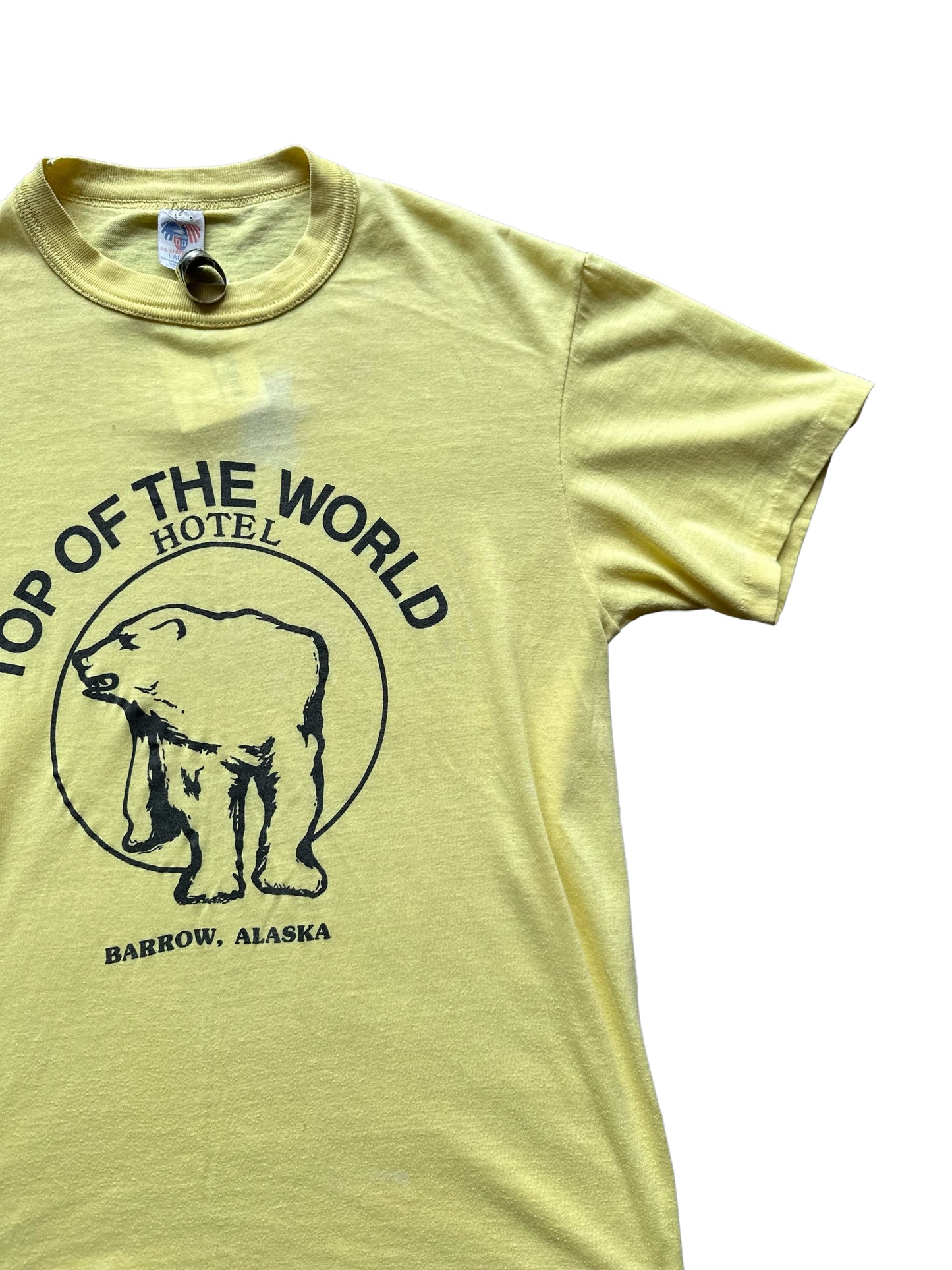 Front Left View on Vintage Alaska Single Stitch Top of the World Hotel Tee | Vintage Alaska T Shirt | Barn Owl Vintage Seattle