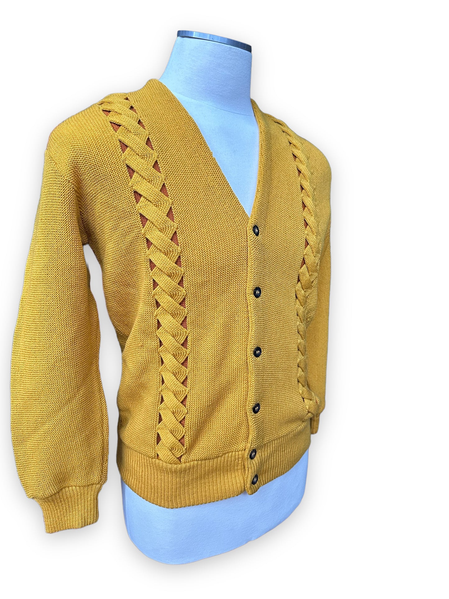 Right Front Quarter View of Vintage Seattle Knitting Mills Golden Double Helix Wool Sweater SZ M | Vintage Cardigan Sweaters Seattle | Barn Owl Vintage Seattle