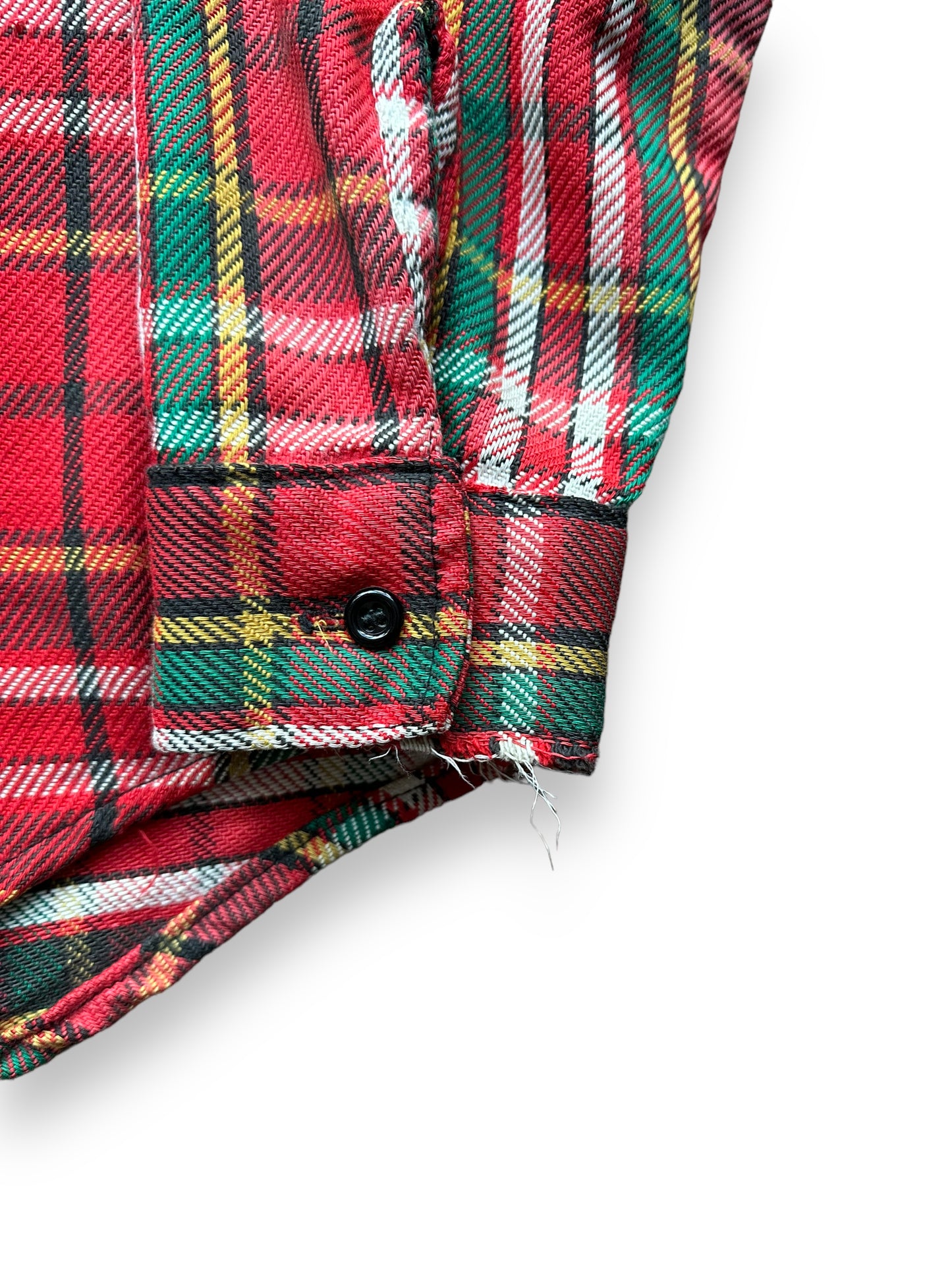 Right Rear Cuff View of Vintage 5 Brothers Red and Green Cotton Flannel SZ M | Vintage Cotton Flannel Seattle | Barn Owl Vintage Seattle