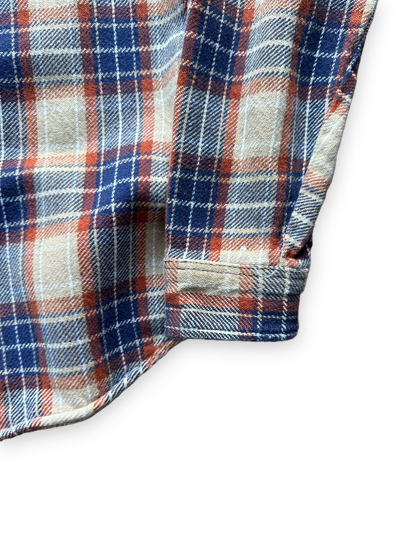 Paint Spots on Cuff of Vintage Tan & Blue Big Mac Cotton Flannel SZ XL Tall | Barn Owl Vintage Seattle | Vintage Cotton Flannel Seattle