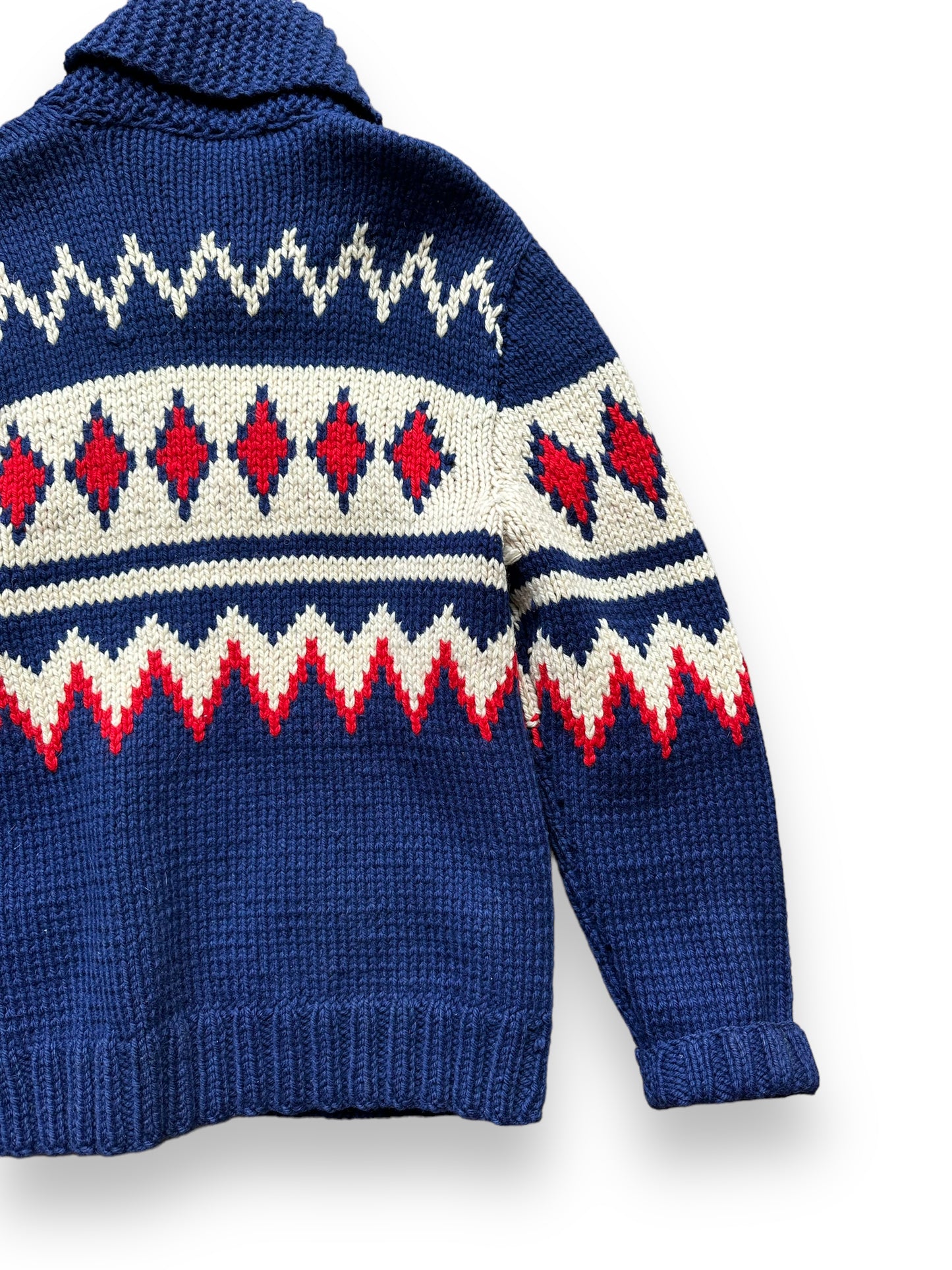 Rear Right View on Vintage Cowichan Style Blue & Red Sweater SZ M | Barn Owl Vintage | Seattle Vintage Sweaters