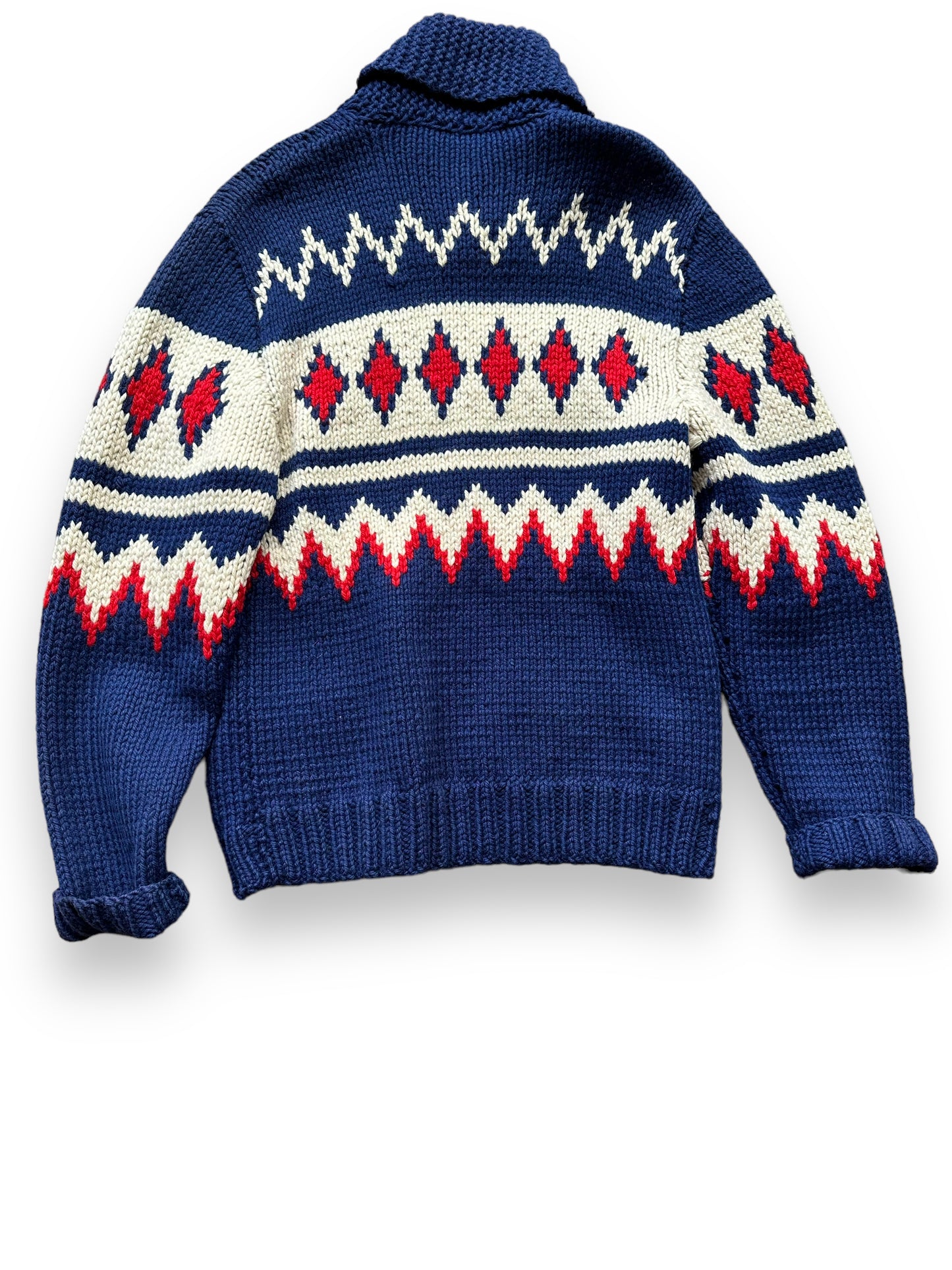 Rear View of Vintage Cowichan Style Blue & Red Sweater SZ M | Barn Owl Vintage | Seattle Vintage Sweaters