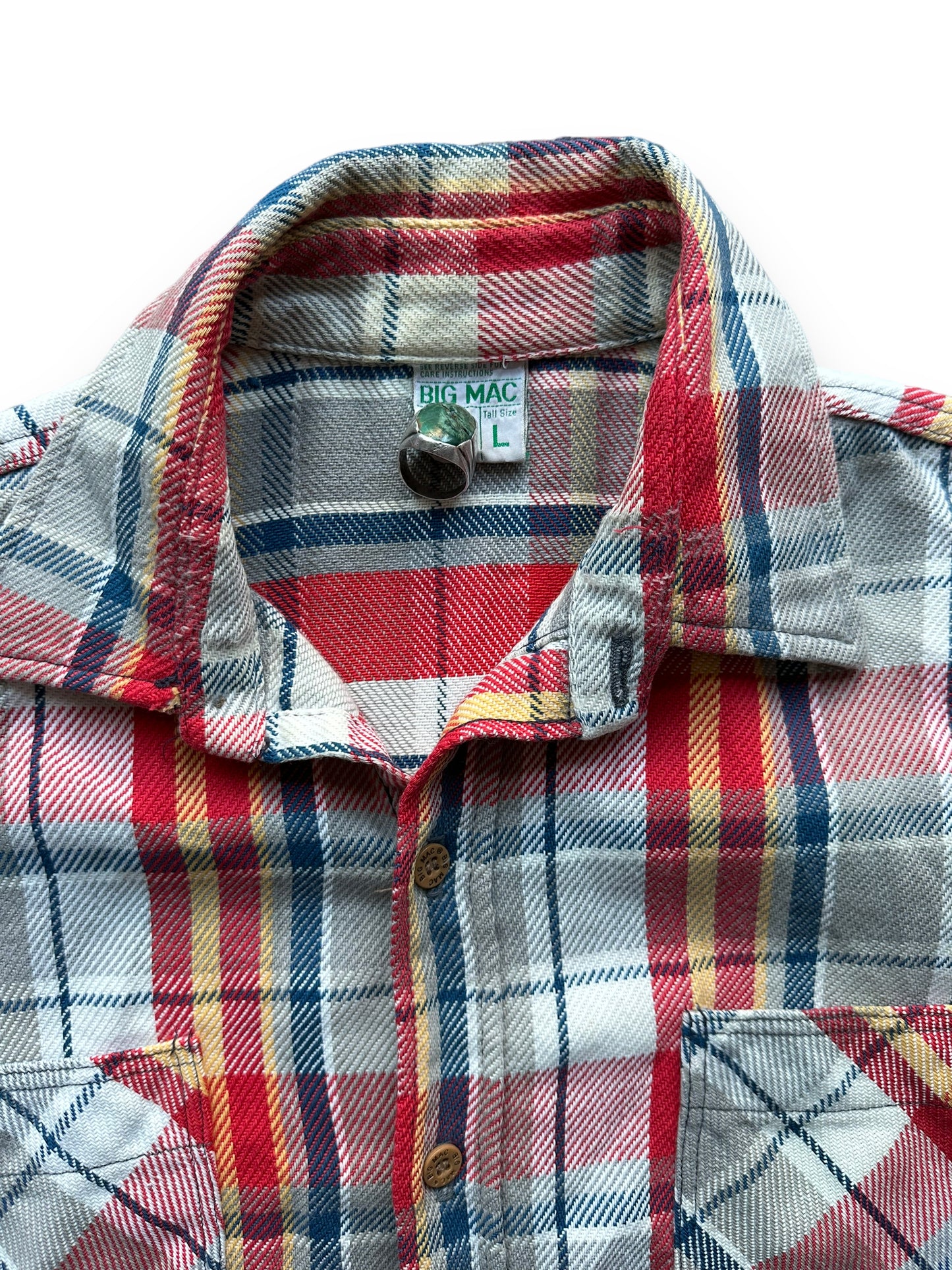 Tag View of Vintage Grey, Red, Yellow & Blue Big Mac Cotton Flannel SZ L Tall | Vintage Cotton Flannel Seattle | Barn Owl Vintage Seattle