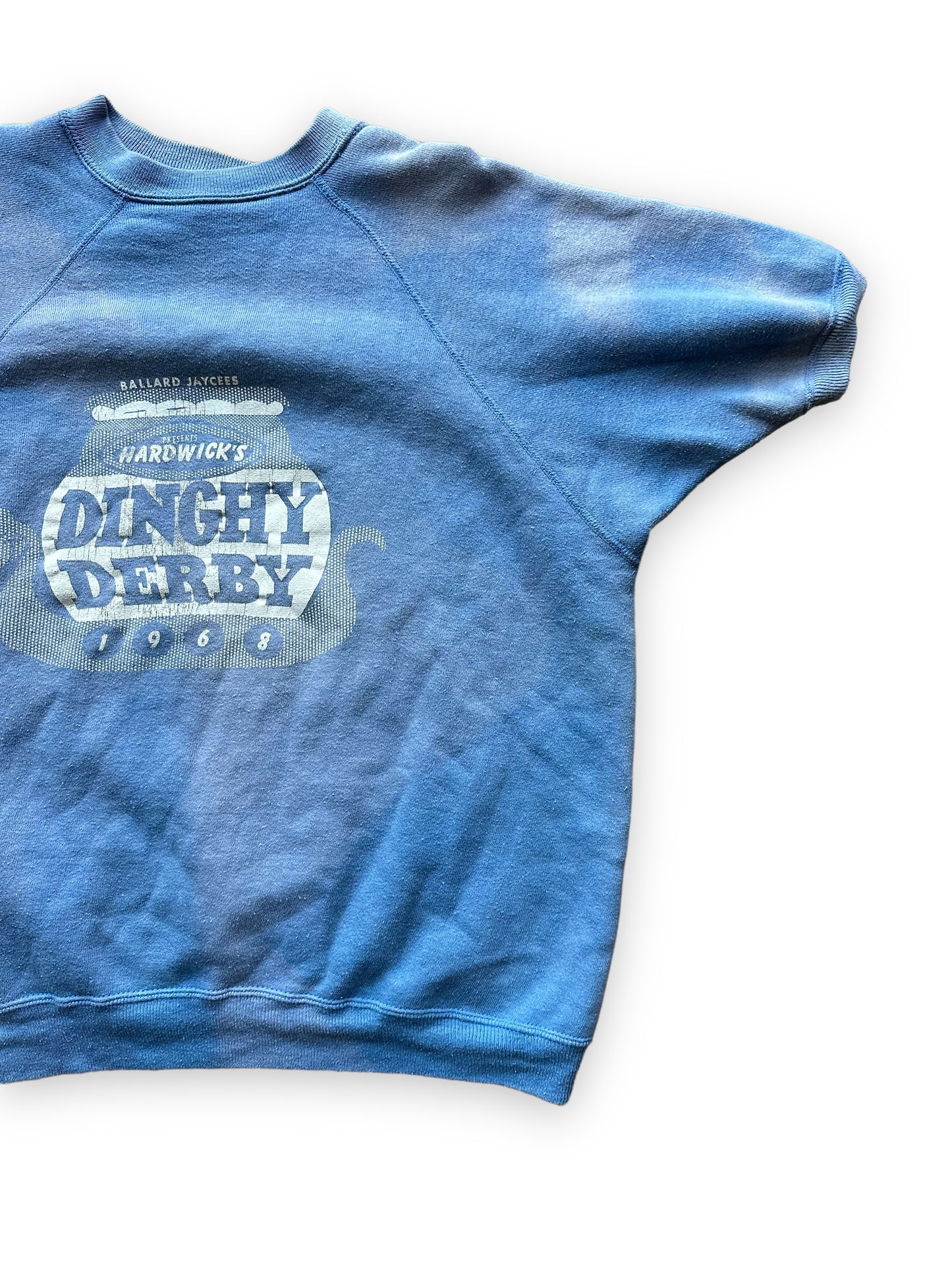 Front Left View of Vintage Ballard Jaycees 1968 Dinghy Derby Short Sleeve Sweatshirt SZ XL | Vintage Crewneck Sweatshirt Seattle | Barn Owl Vintage Seattle