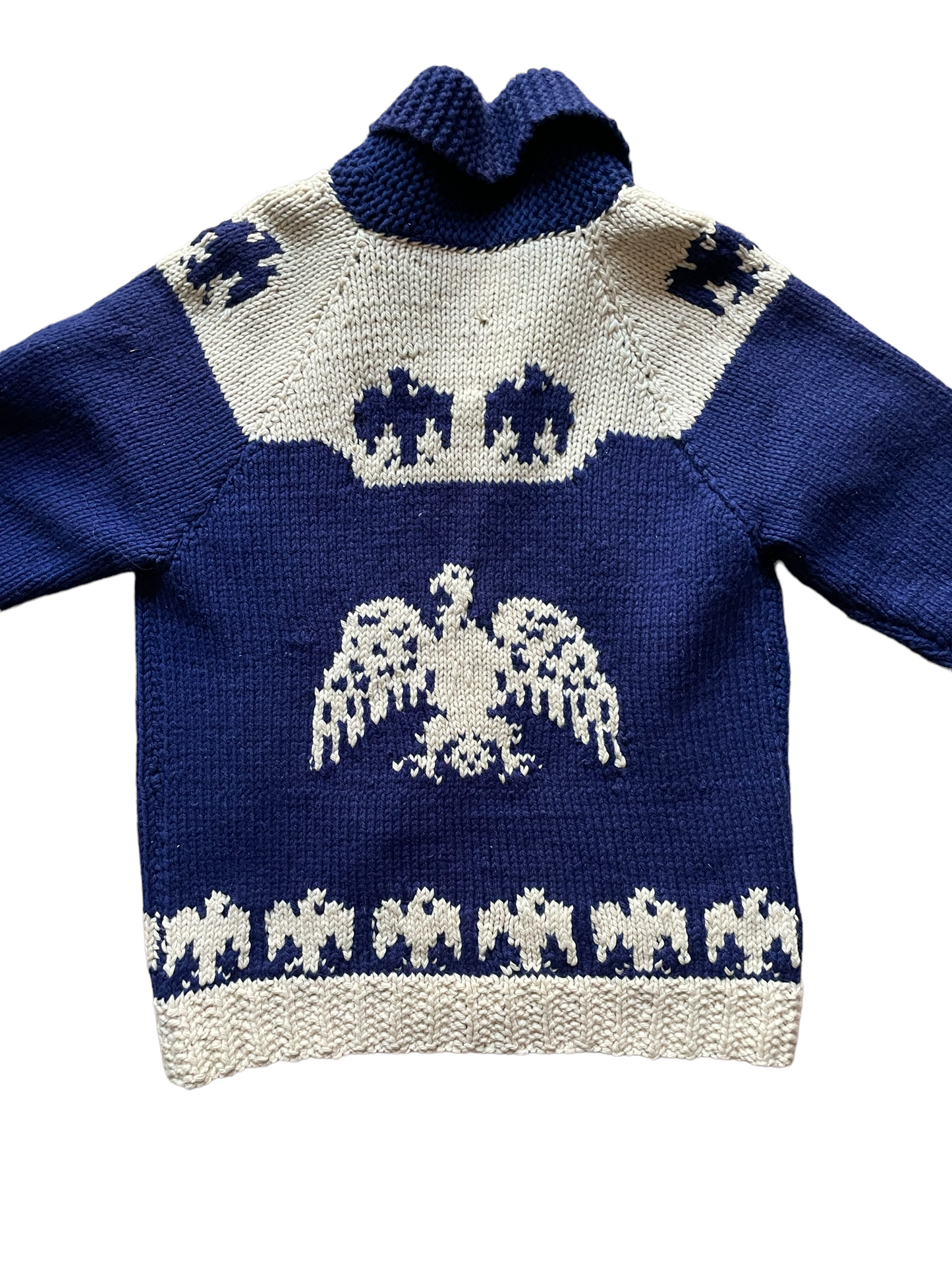 1950s cowichan style sweater back view. barn owl vintage seattle tru vintage