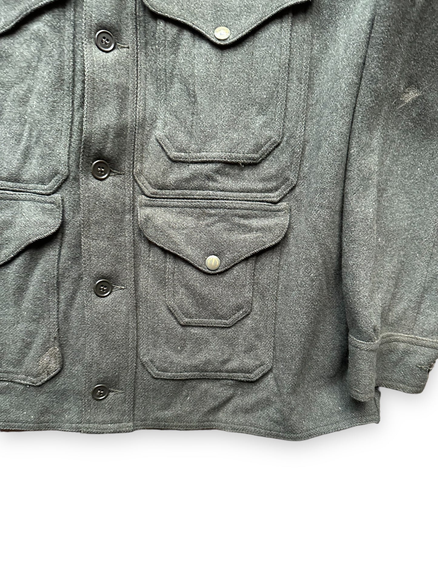 Lower Left Pocket View of Vintage Filson Union Made Era Forest Green Mackinaw Cruiser SZ 46 | Barn Owl Vintage Goods | Vintage Workwear Seattle