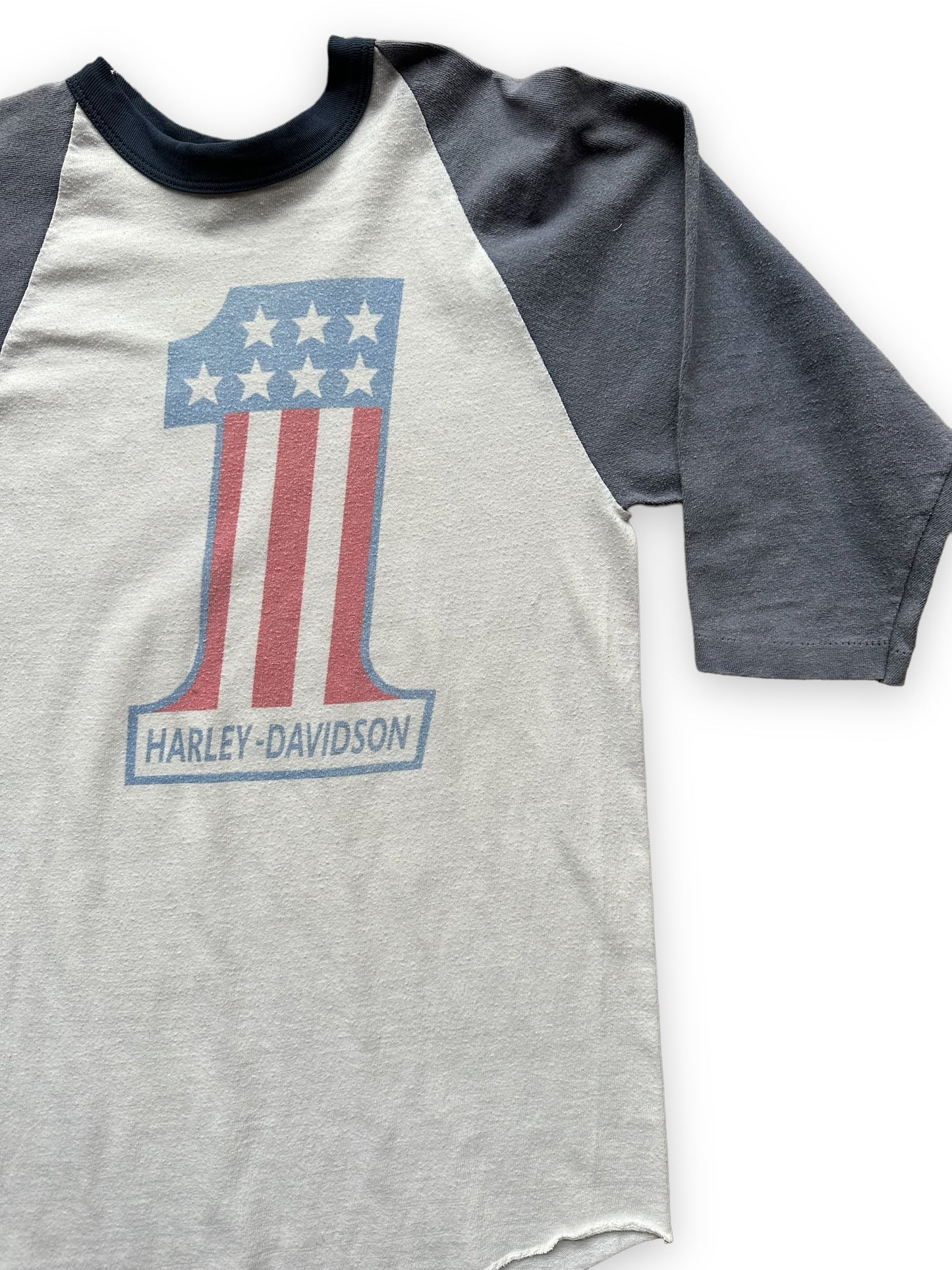 Front Left View on Vintage 1970s/80s Harley Davidson #1 Raglan Shirt SZ M | Vintage Harley Raglan Tee | Barn Owl Vintage Seattle