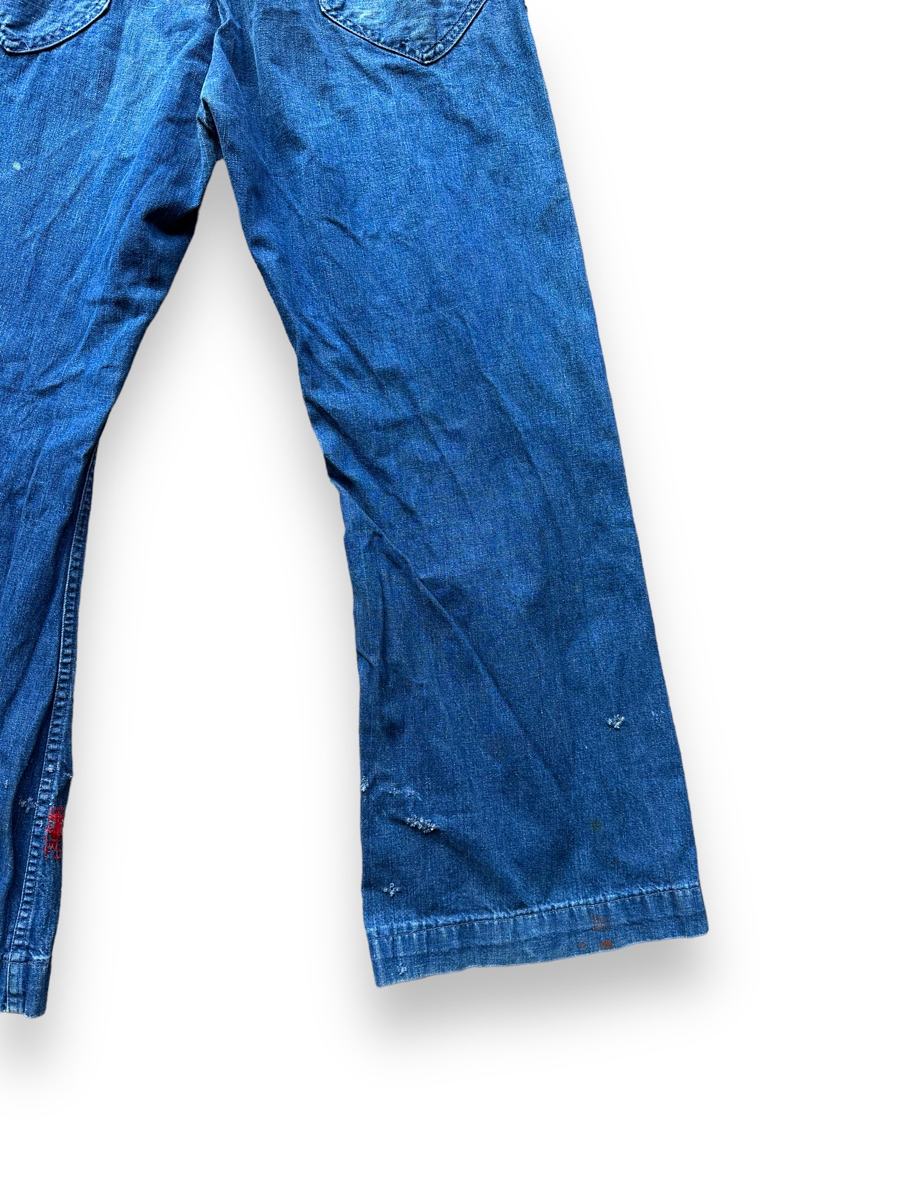 Lower Right Rear View of Vintage 70s Era Sailor Denim with Repairs W36 | Vintage Denim Swabbie Pants Seattle | Barn Owl Vintage Workwear