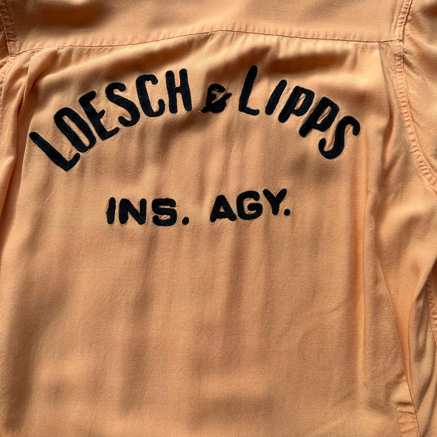 Rear Detail on Vintage Nat Nast Peach Colored Chainstitched Bowling Shirt SZ M | Vintage Bowling Shirt Seattle | Barn Owl Vintage Seattle