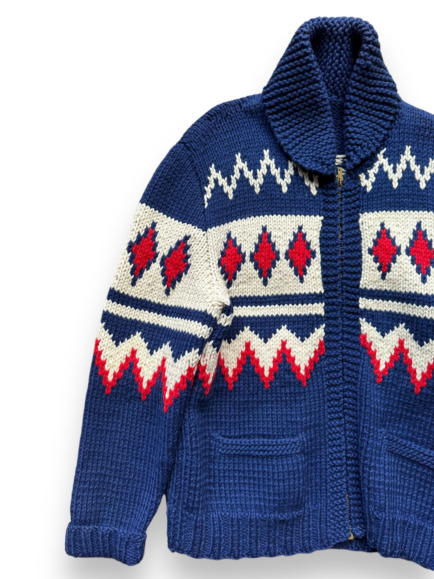 Front Right View of Vintage Cowichan Style Blue & Red Sweater SZ M | Barn Owl Vintage | Seattle Vintage Sweaters