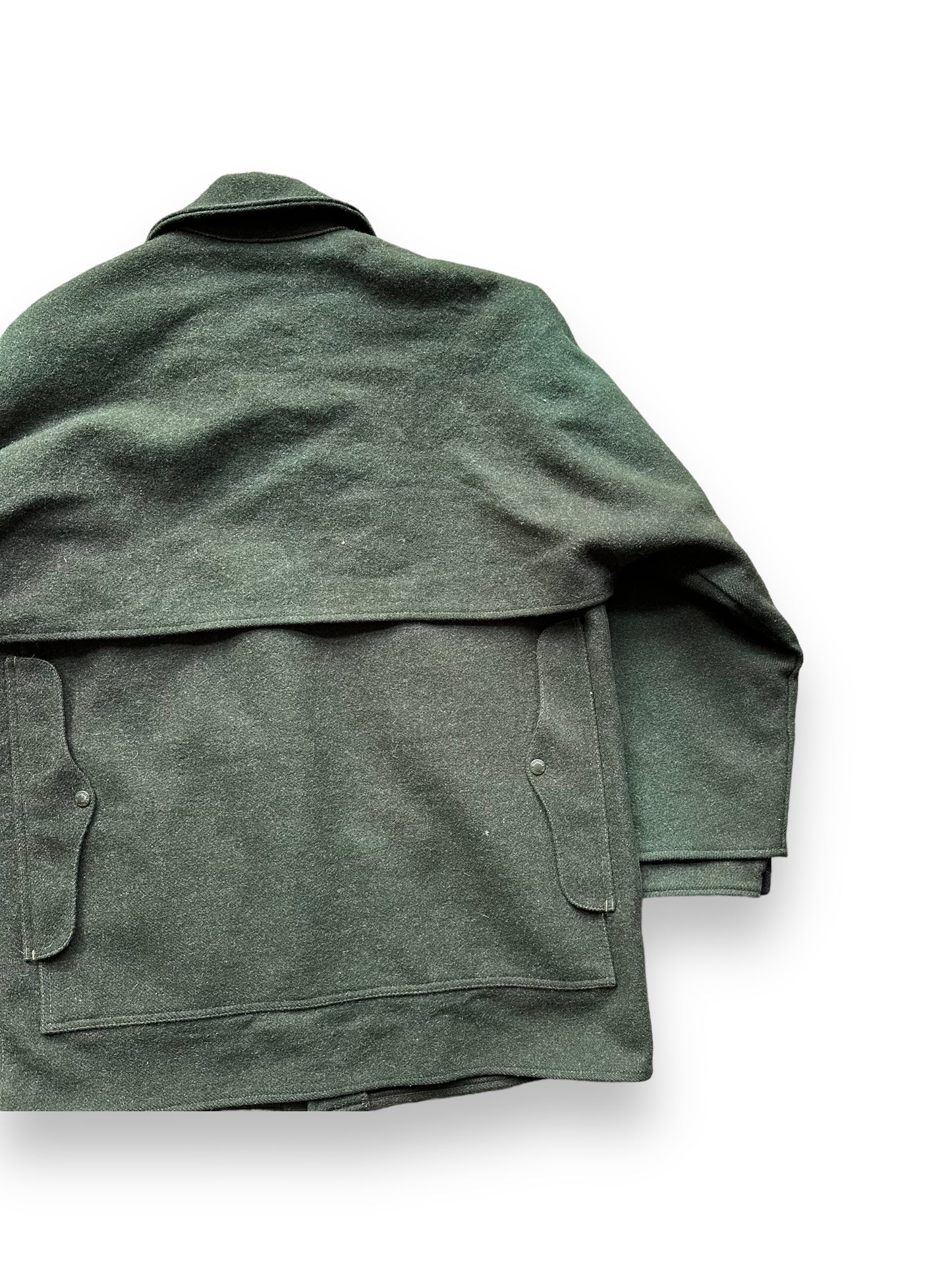 Rear Right View of Vintage Filson Forest Green Double Mackinaw Cruiser SZ 46 XL | Barn Owl Vintage Goods | Vintage Workwear Seattle