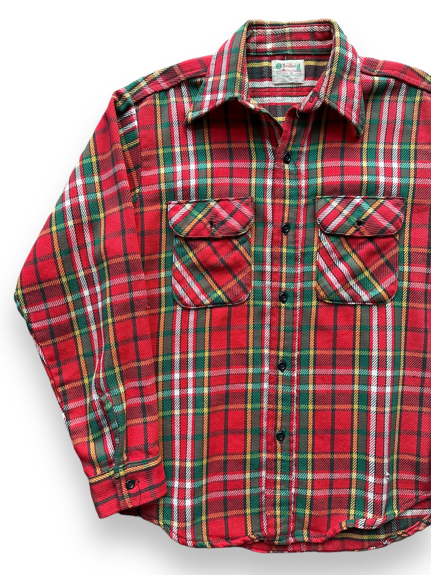 Front Right View of Vintage 5 Brothers Red and Green Cotton Flannel SZ M | Vintage Cotton Flannel Seattle | Barn Owl Vintage Seattle
