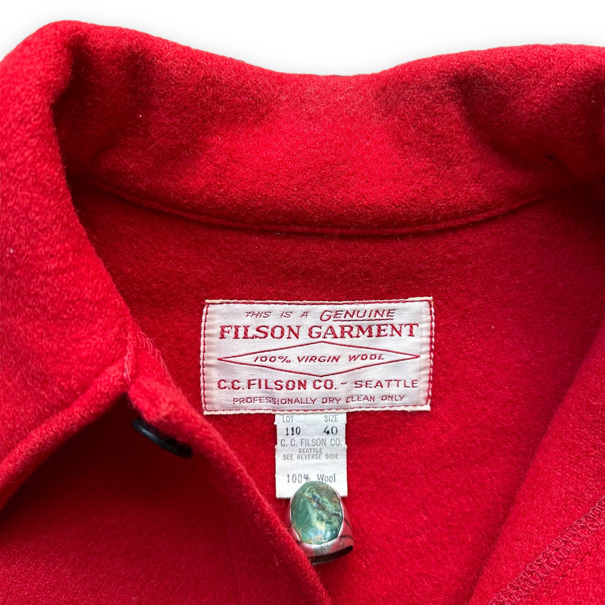 Tag View on NOS Filson Scarlet Mackinaw Cruiser SZ 40 |  Deadstock Filson Scarlet Cruiser | Vintage Workwear Seattle