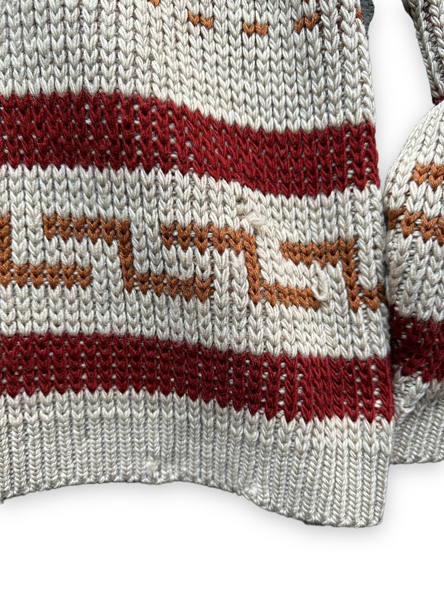 Rear Detail of Small Damage on Vintage Pendleton Westerley "The Dude" Sweater SZ L | Vintage Big Lebowski Pendleton Sweaters Seattle | Barn Owl Vintage Seattle