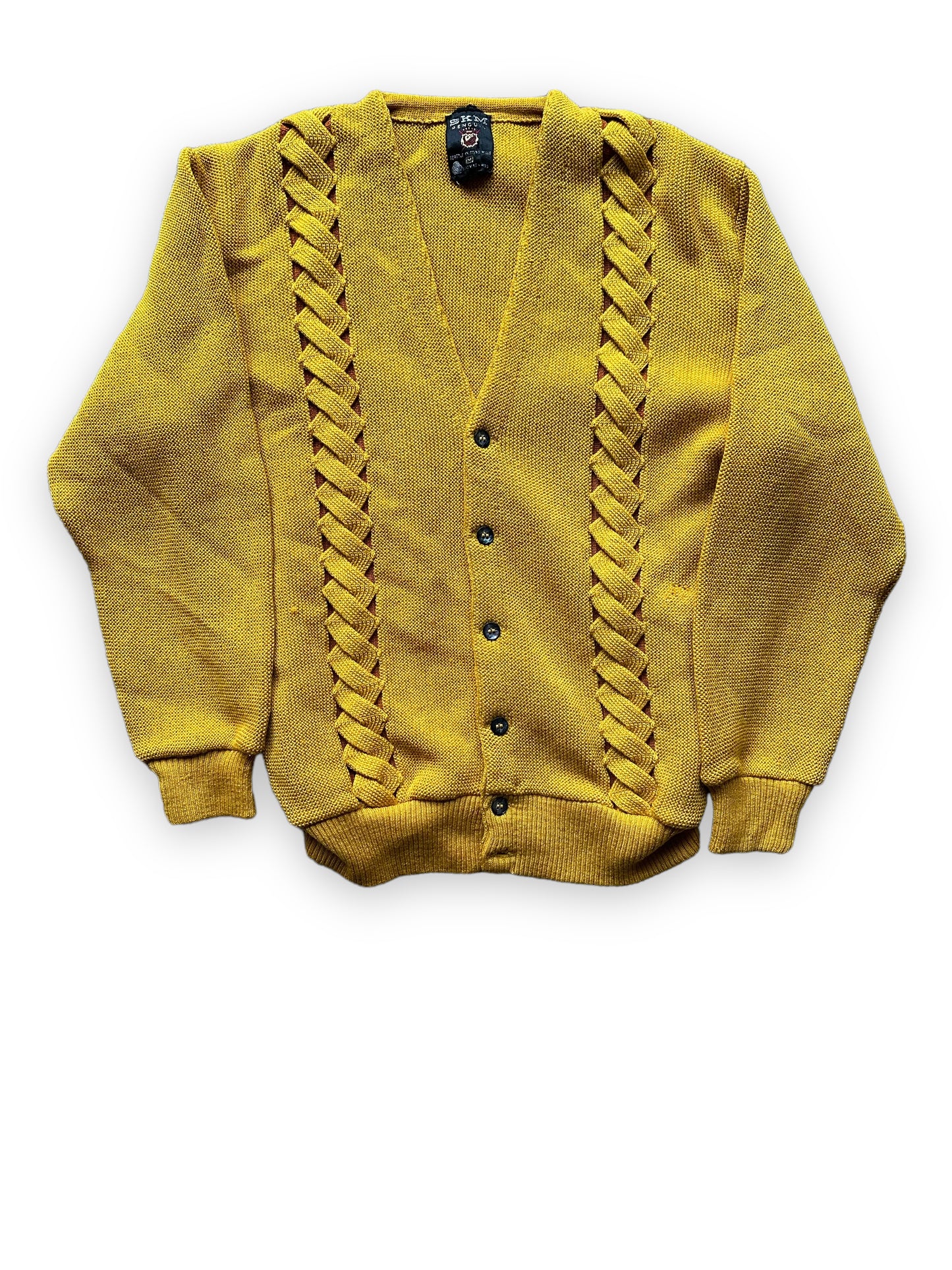 Front Flat View of Vintage Seattle Knitting Mills Golden Double Helix Wool Sweater SZ M | Vintage Cardigan Sweaters Seattle | Barn Owl Vintage Seattle