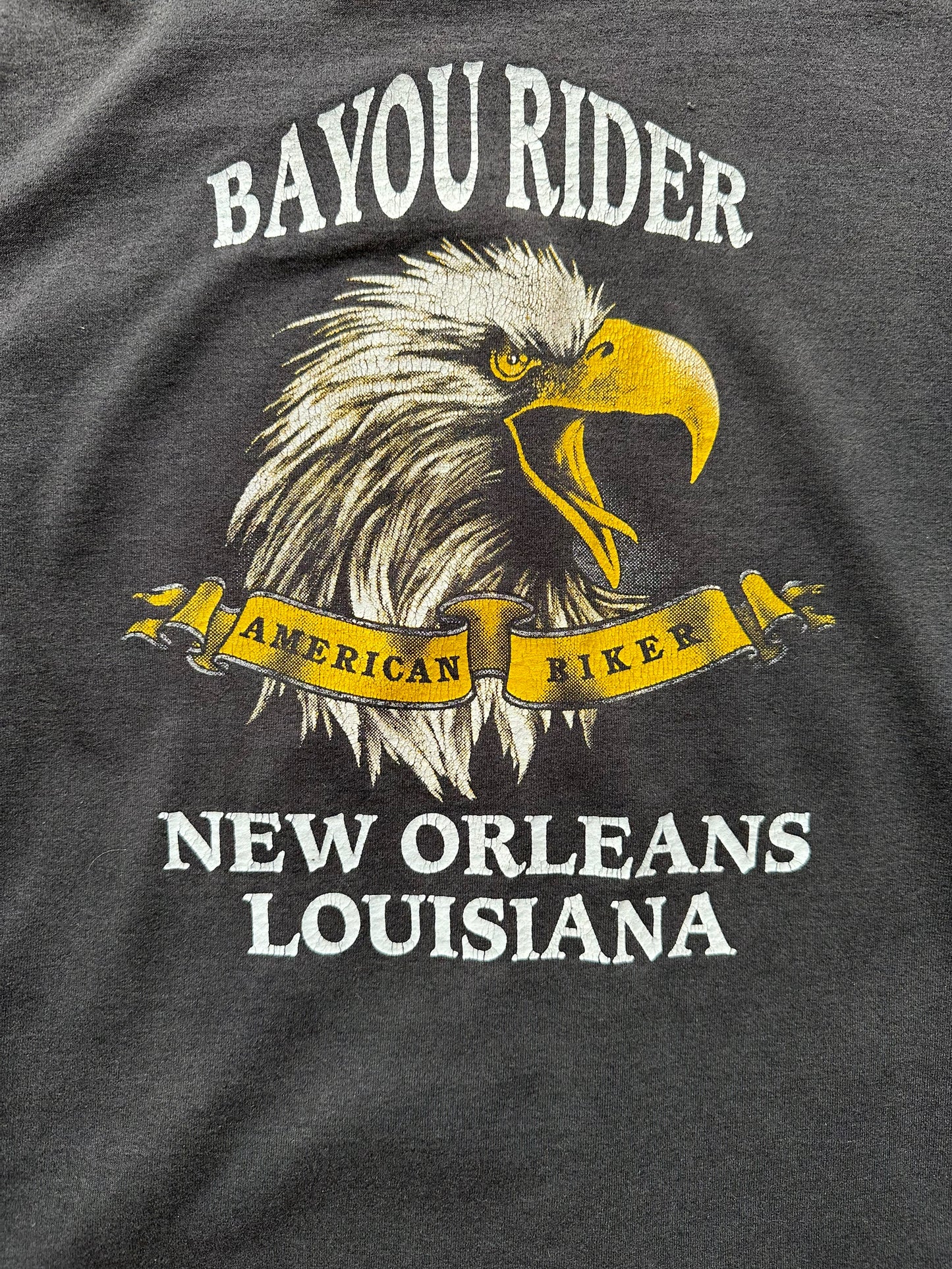 Rear Graphic Close Up Detail on Vintage 1992 Harley Davidson Most Wanted 3D Emblem Tee SZ L | Vintage Bayou Rider Harley Tee Seattle | Barn Owl Vintage Seattle