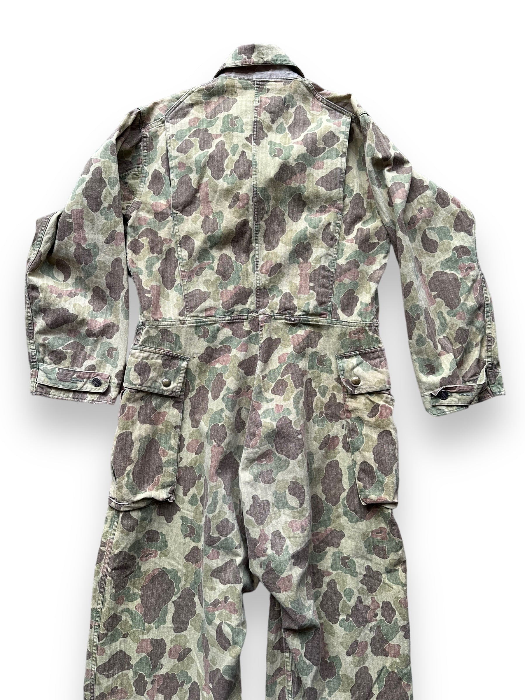 Upper Rear View of Vintage M-4395 HBT Frogskin Camo Coveralls SZ M | Vintage Frog Skin Camo Pants Seattle | Barn Owl Vintage Workwear