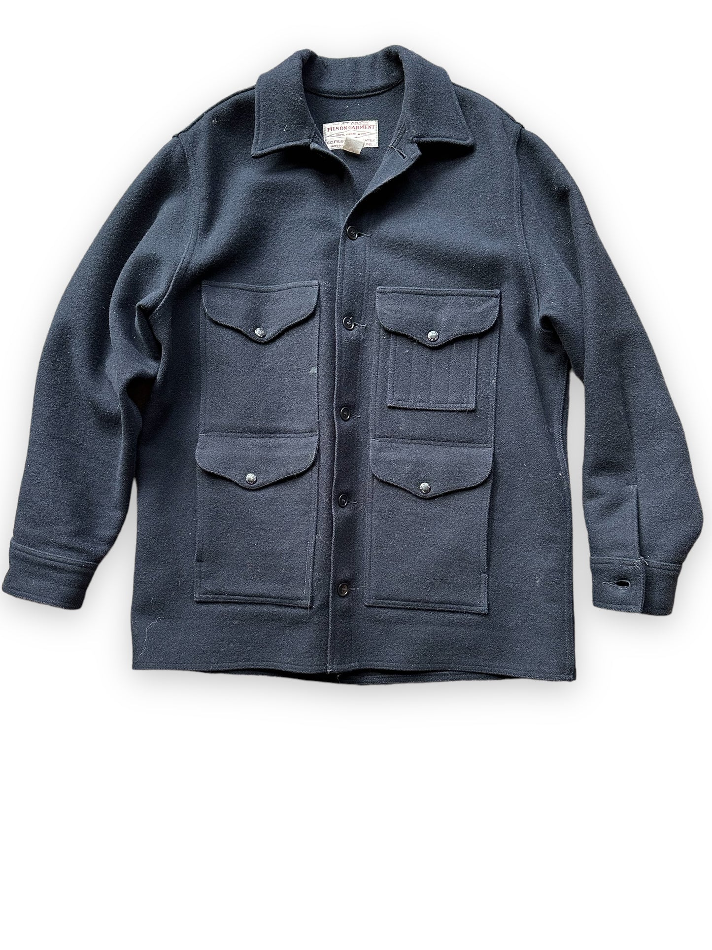 Front View of Black Filson Mackinaw Cruiser SZ 48 | Barn Owl Vintage Goods | Vintage Workwear Seattle