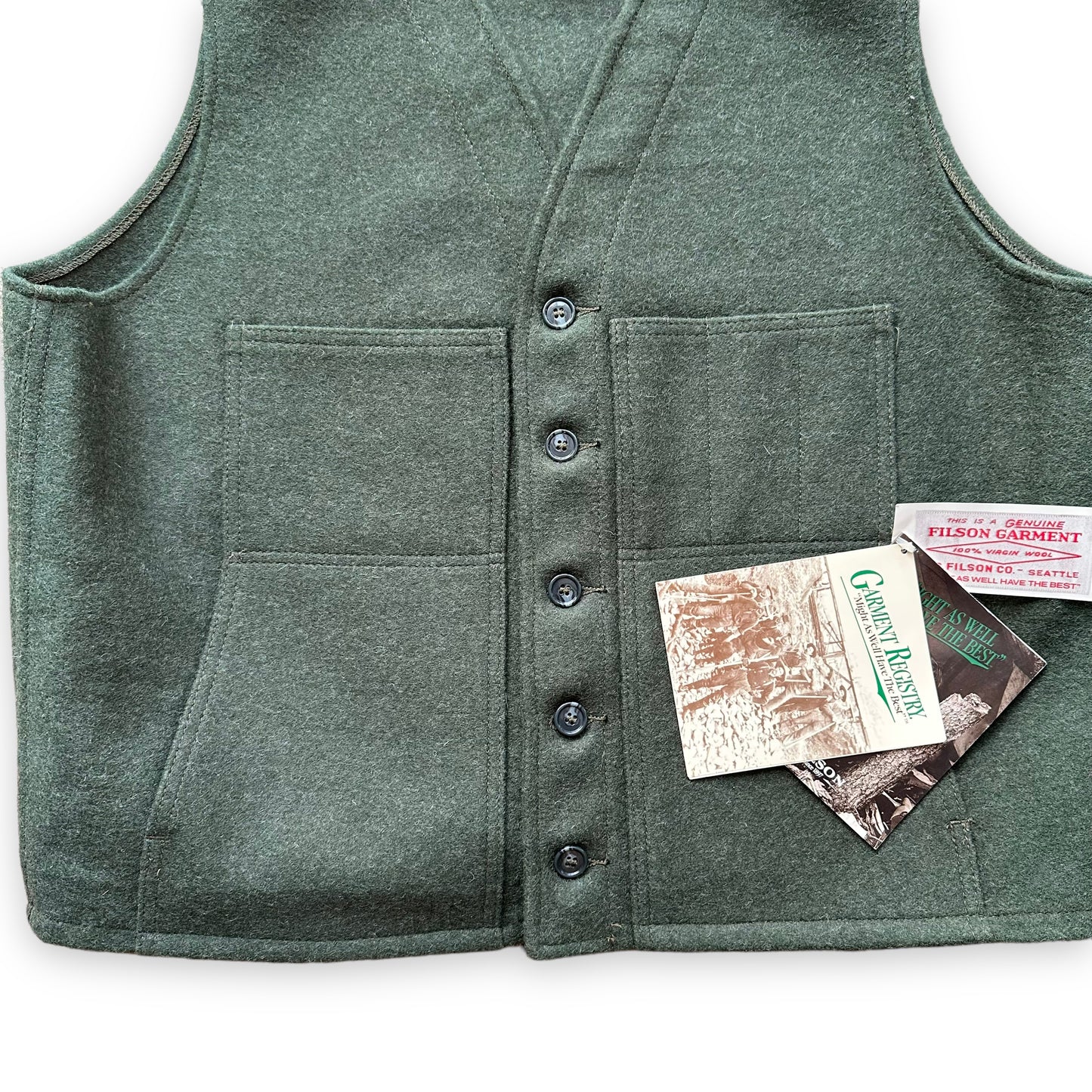 Lower Front View of Deadstock Vintage Forest Green Mackinaw Vest SZ 50 | Barn Owl Vintage Goods | Vintage Workwear Seattle