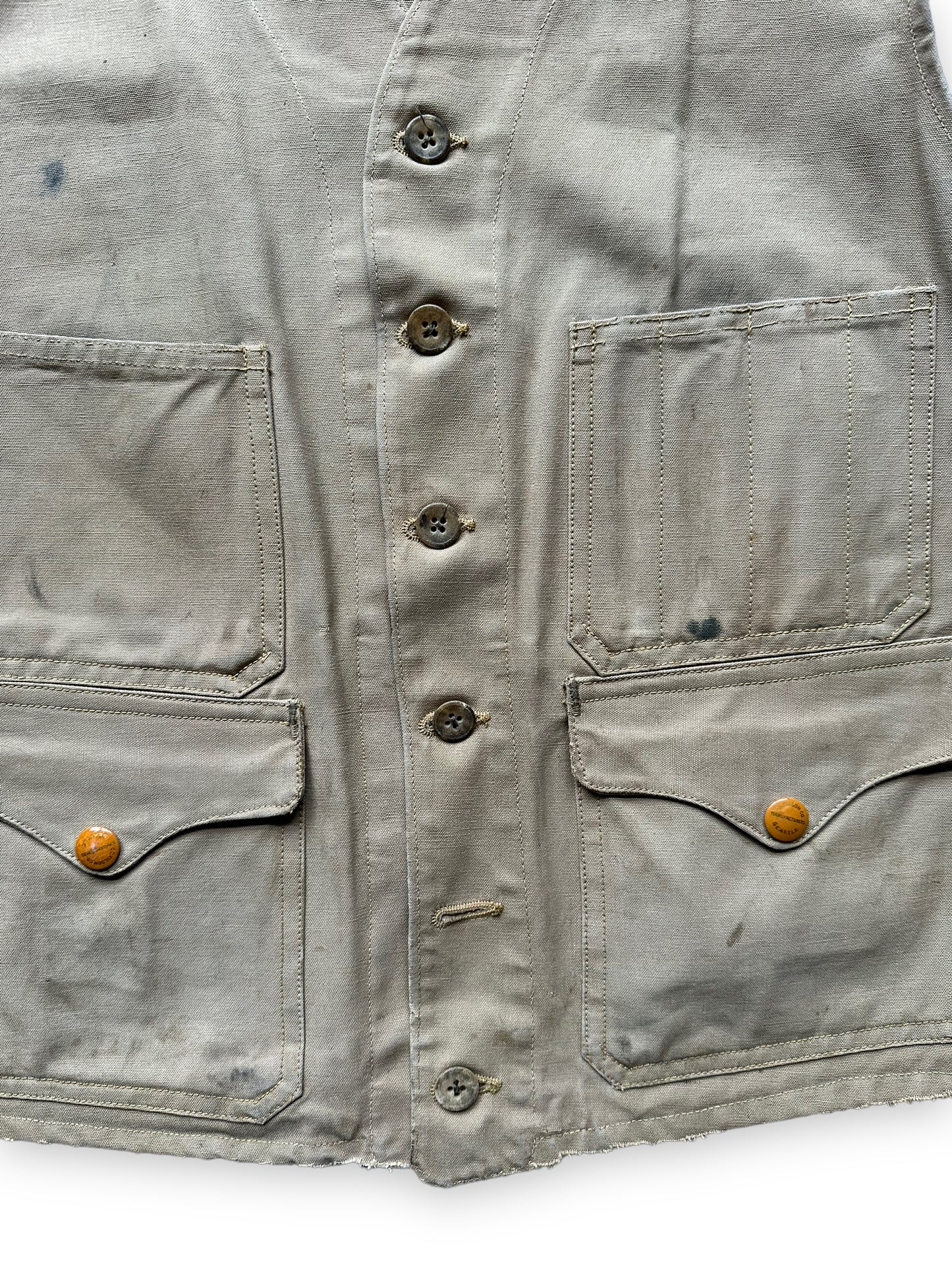 Lower Front Detail on Vintage 1930s Era Filson FilClo Era Tin Cloth Vest SZ L | FilClo Vintage Workwear | Barn Owl Vintage Seattle