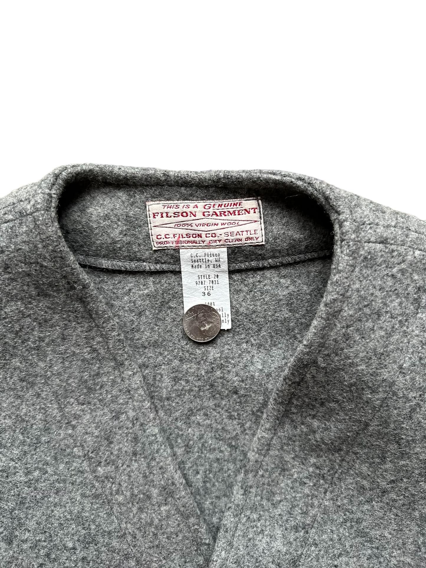 Tag View of Vintage Filson Mackinaw Vest SZ 36 | Grey Wool Vest | Seattle Vintage Workwear