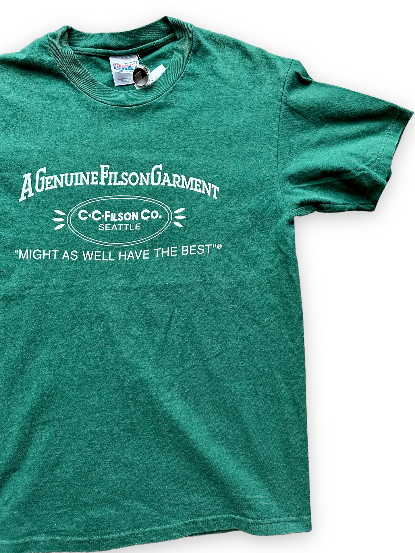 Front Left View on Green Filson Cotton Tee SZ M | Barn Owl Vintage Goods | Vintage Workwear Seattle