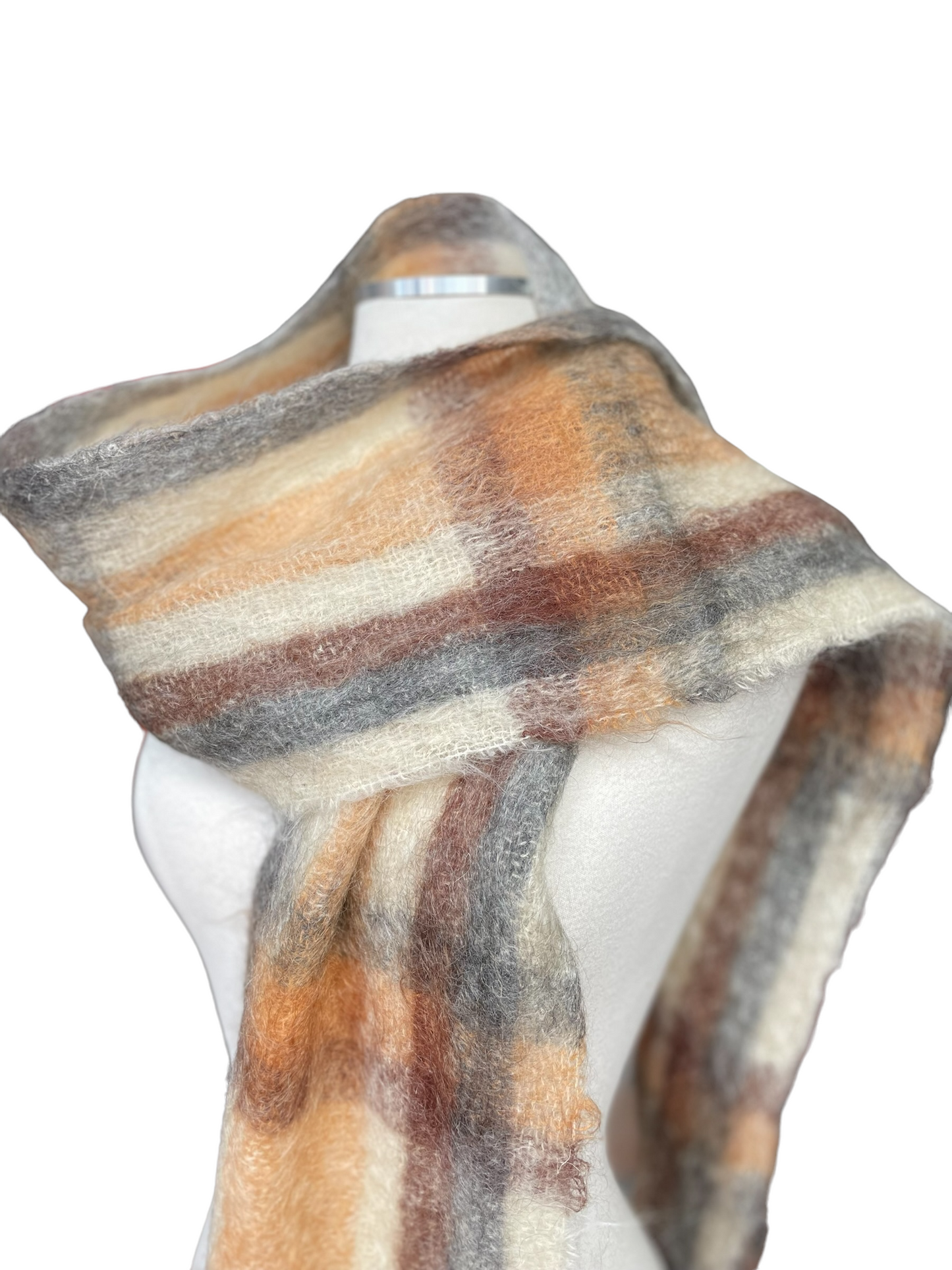 Front left close up ofVintage Wool Mohair Plaid Scarf | Barn Owl Vintage | Seattle True Vintage