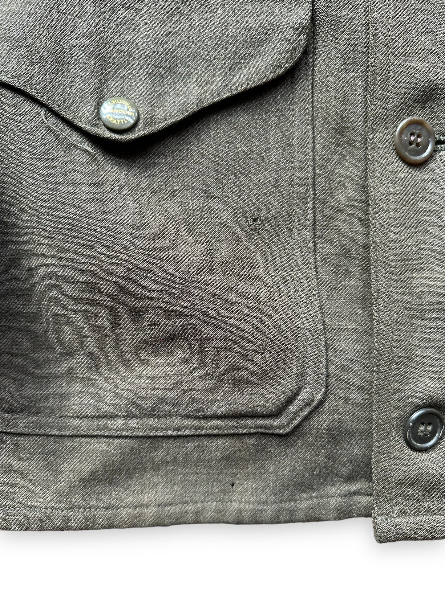 Small Abrasions on Vintage Union Made Era 50s Filson Forestry Cloth Cruiser SZ 44 | Barn Owl Vintage Goods | Vintage Workwear Seattle