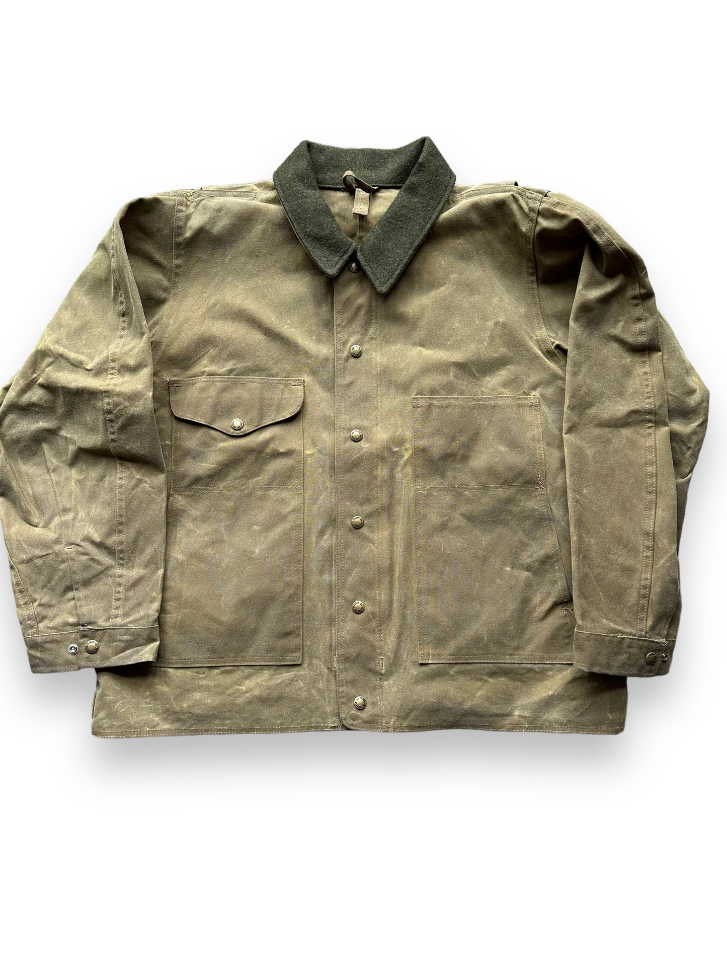 Front Detail on Filson Tin Cloth Jacket SZ XL | Barn Owl Vintage Goods | Filson Workwear Seattle