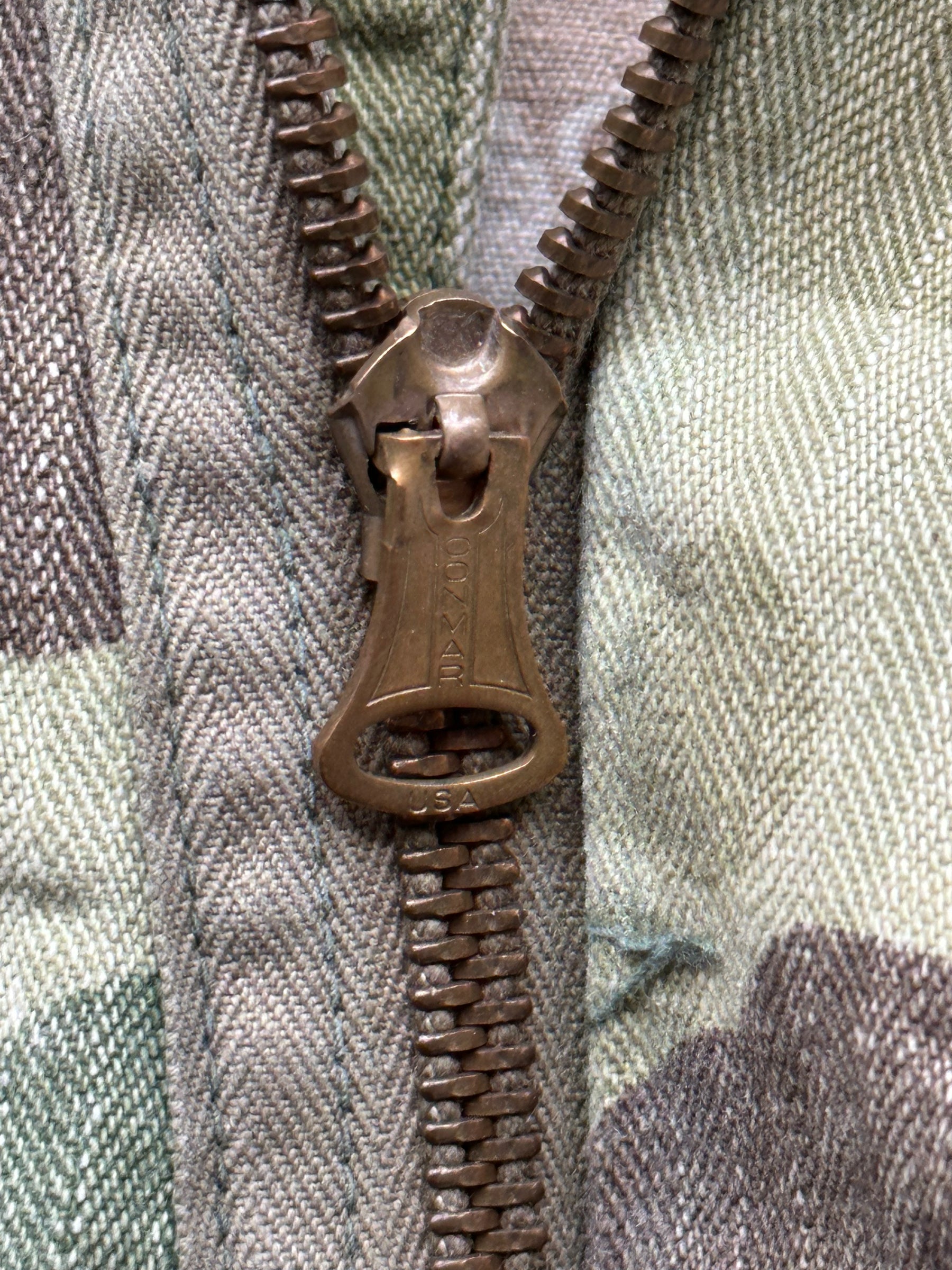 Zipper View on Vintage M-4395 HBT Frogskin Camo Coveralls SZ M | Vintage Frog Skin Camo Pants Seattle | Barn Owl Vintage Workwear