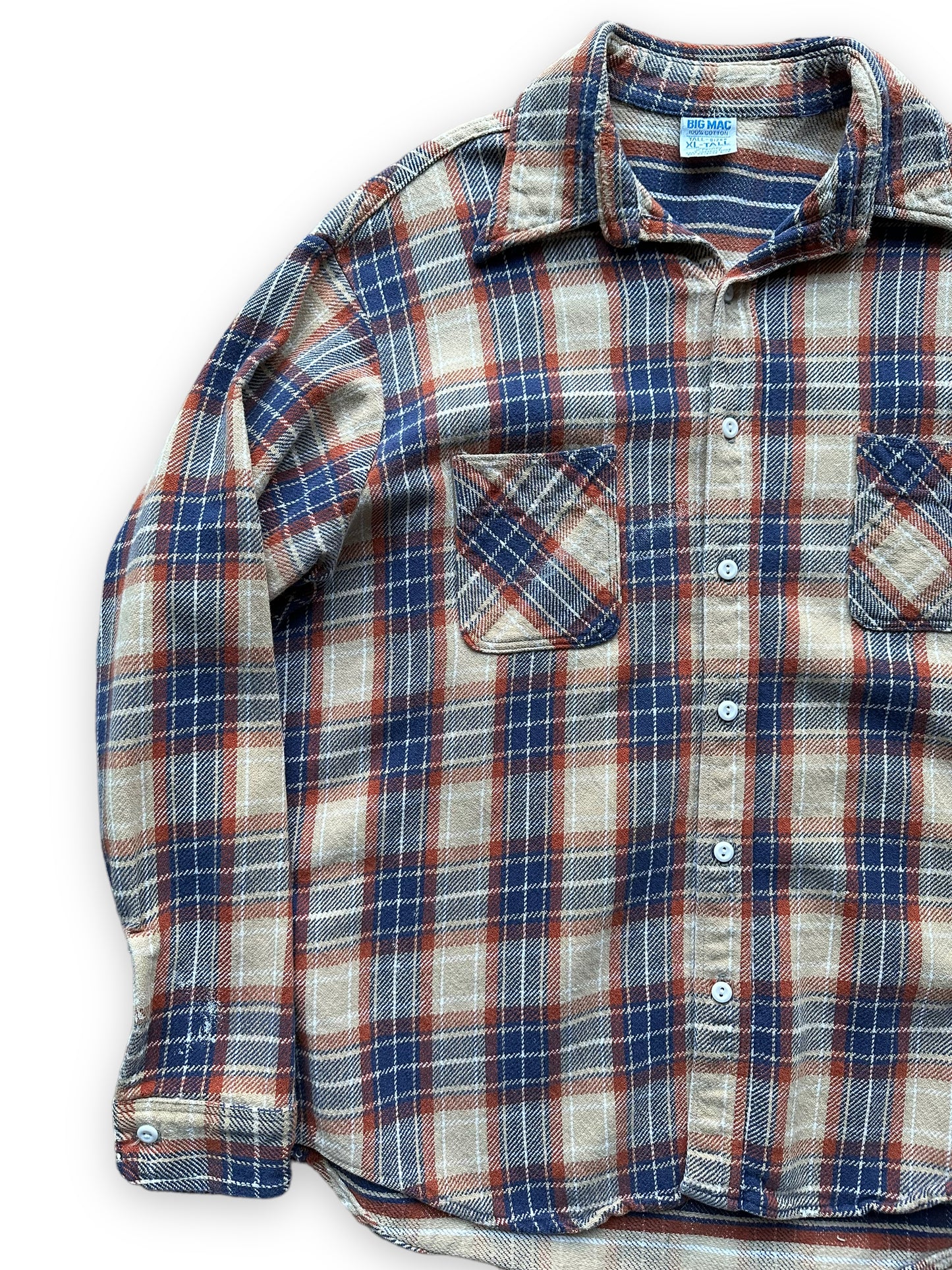 Front Right View of Vintage Tan & Blue Big Mac Cotton Flannel SZ XL Tall | Barn Owl Vintage Seattle | Vintage Cotton Flannel Seattle