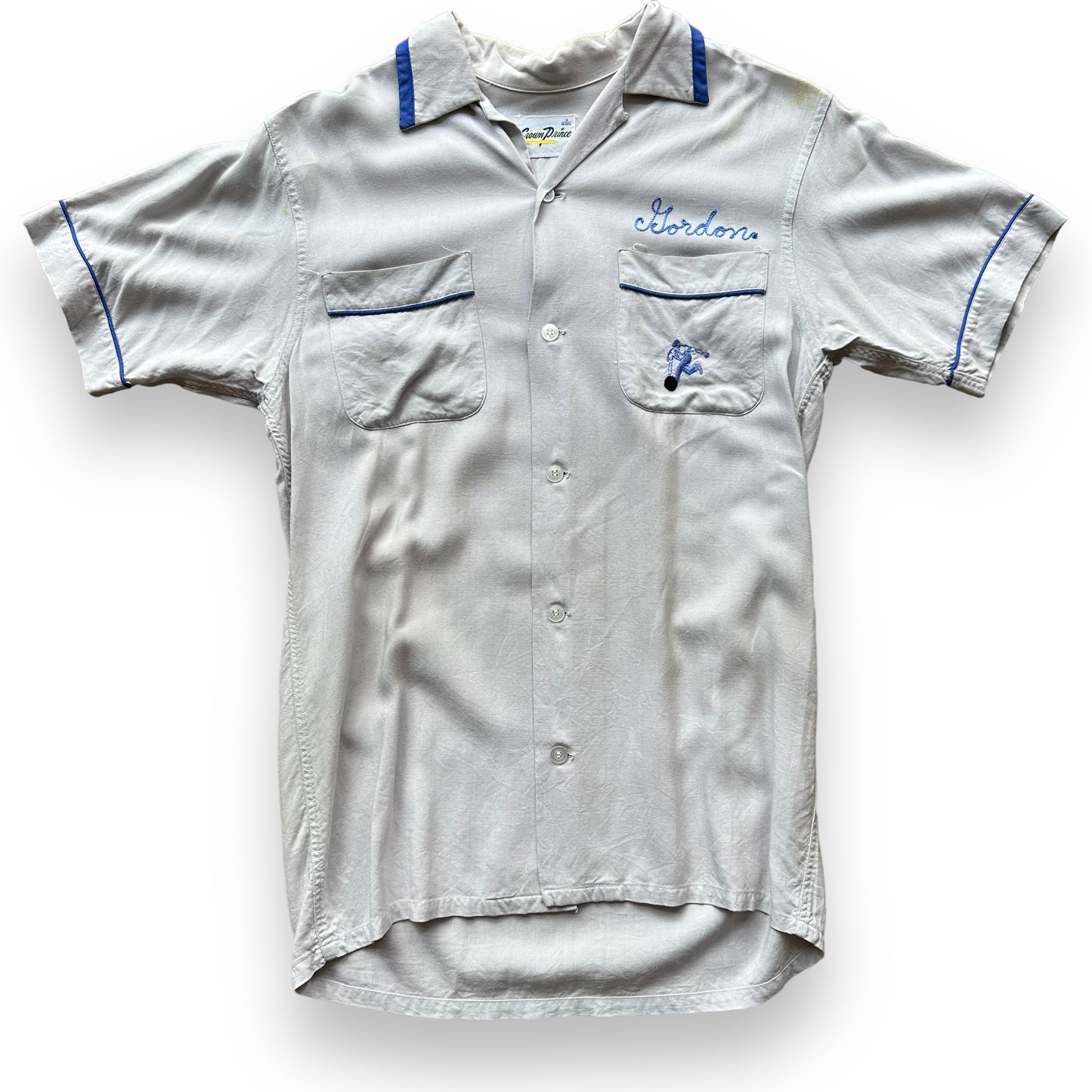 Front View of Vintage Crown Prince Light Blue Chainstitched Bowling Shirt SZ S | Vintage Bowling Shirt Seattle | Barn Owl Vintage Seattle