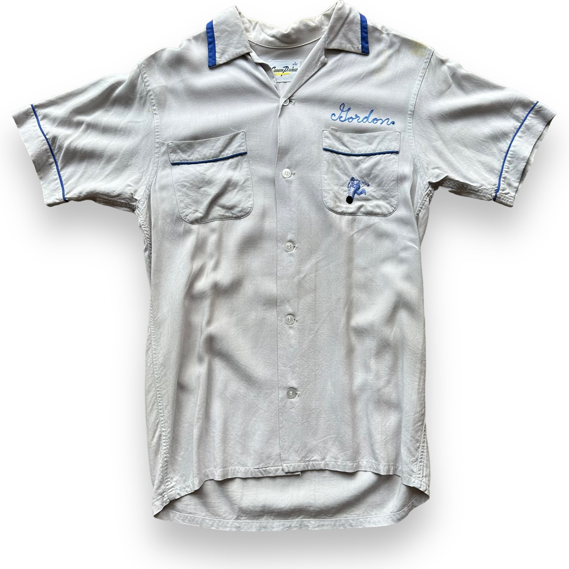 Front View of Vintage Crown Prince Light Blue Chainstitched Bowling Shirt SZ S | Vintage Bowling Shirt Seattle | Barn Owl Vintage Seattle